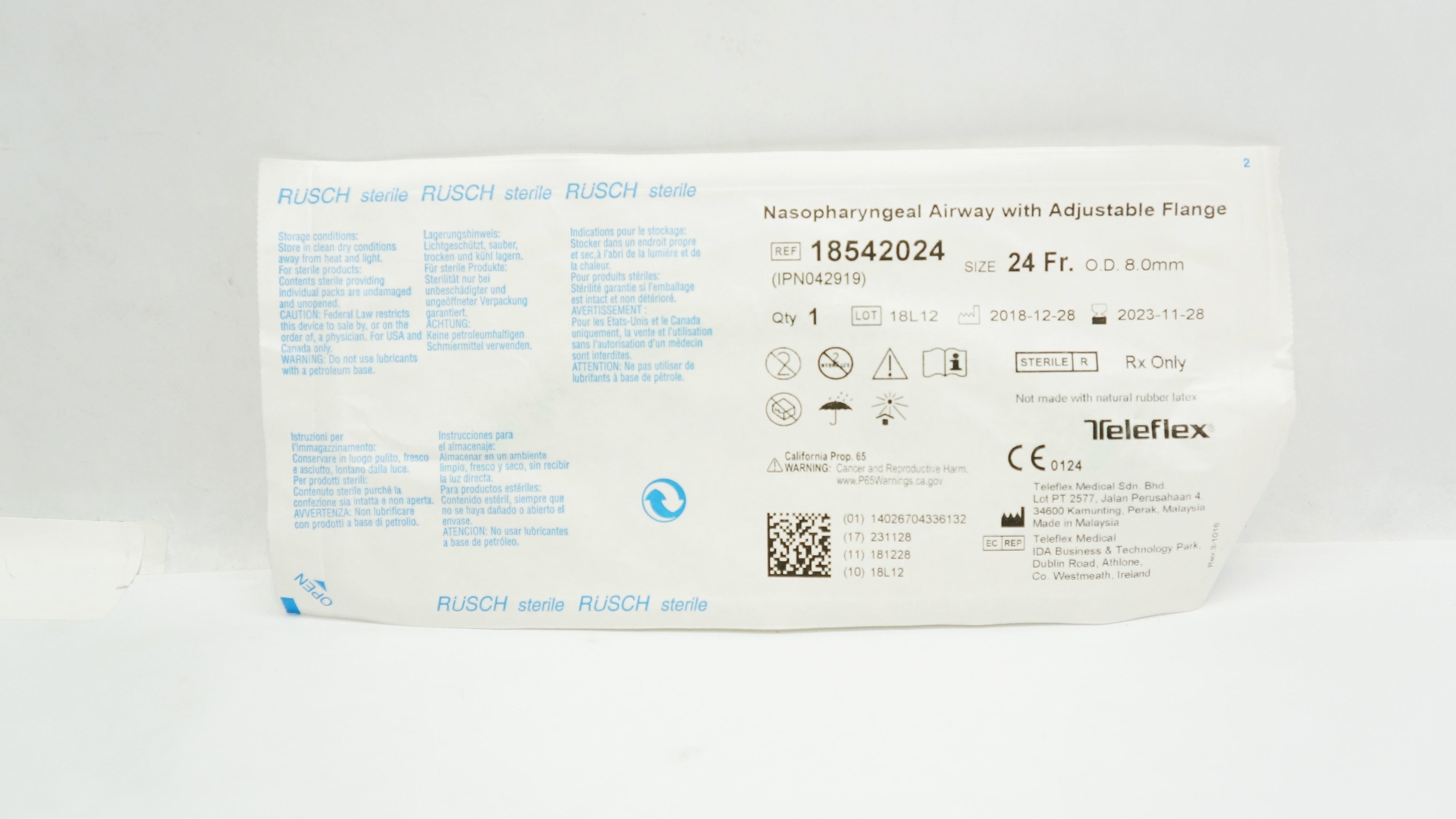 Teleflex 18542024 Rusch Nasopharyngeal Airway 24Fr x 0.8mm O.D.