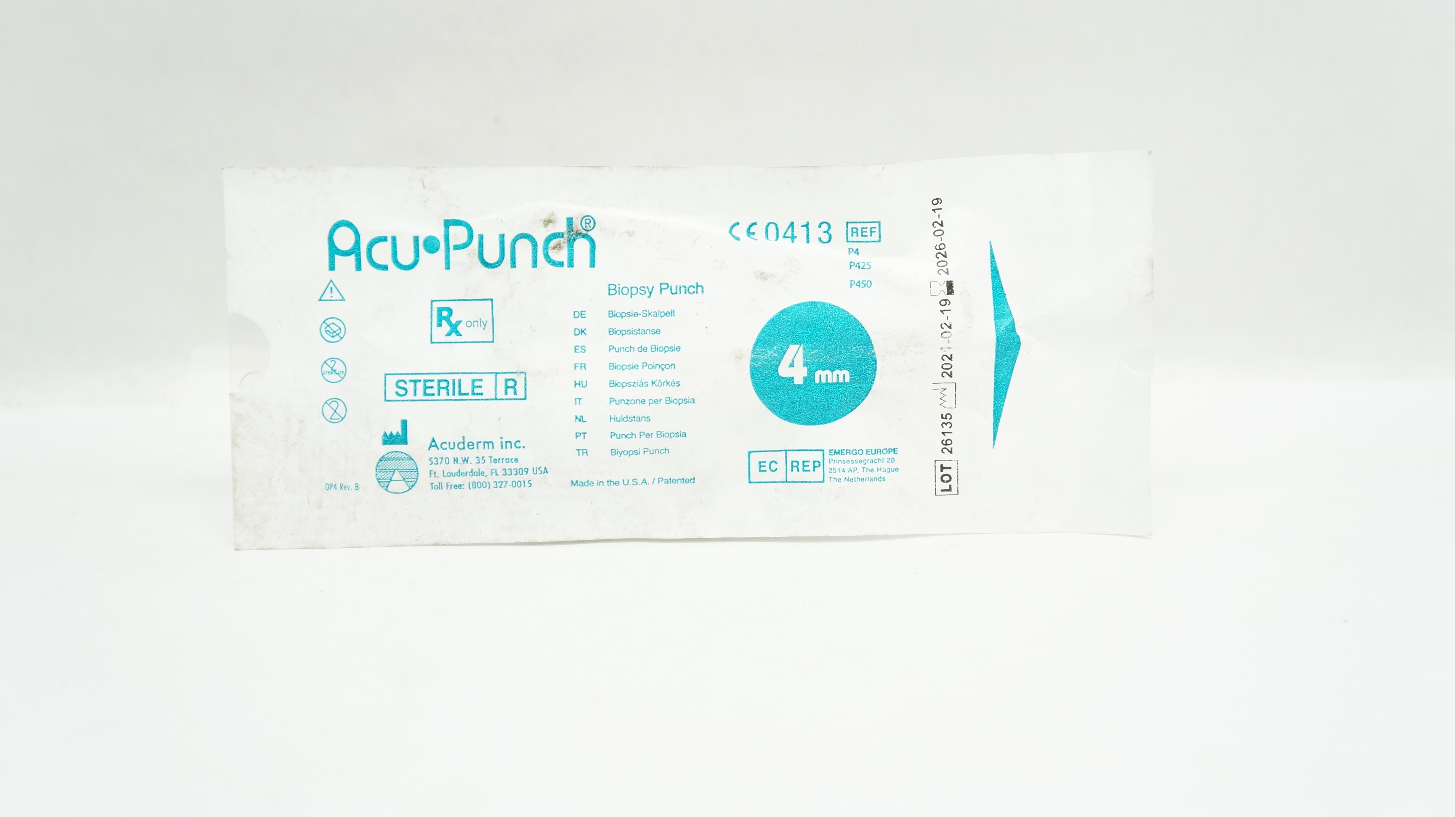 Acuderm P4/P425/P450 Acu Punch Biopsy Punch 4mm