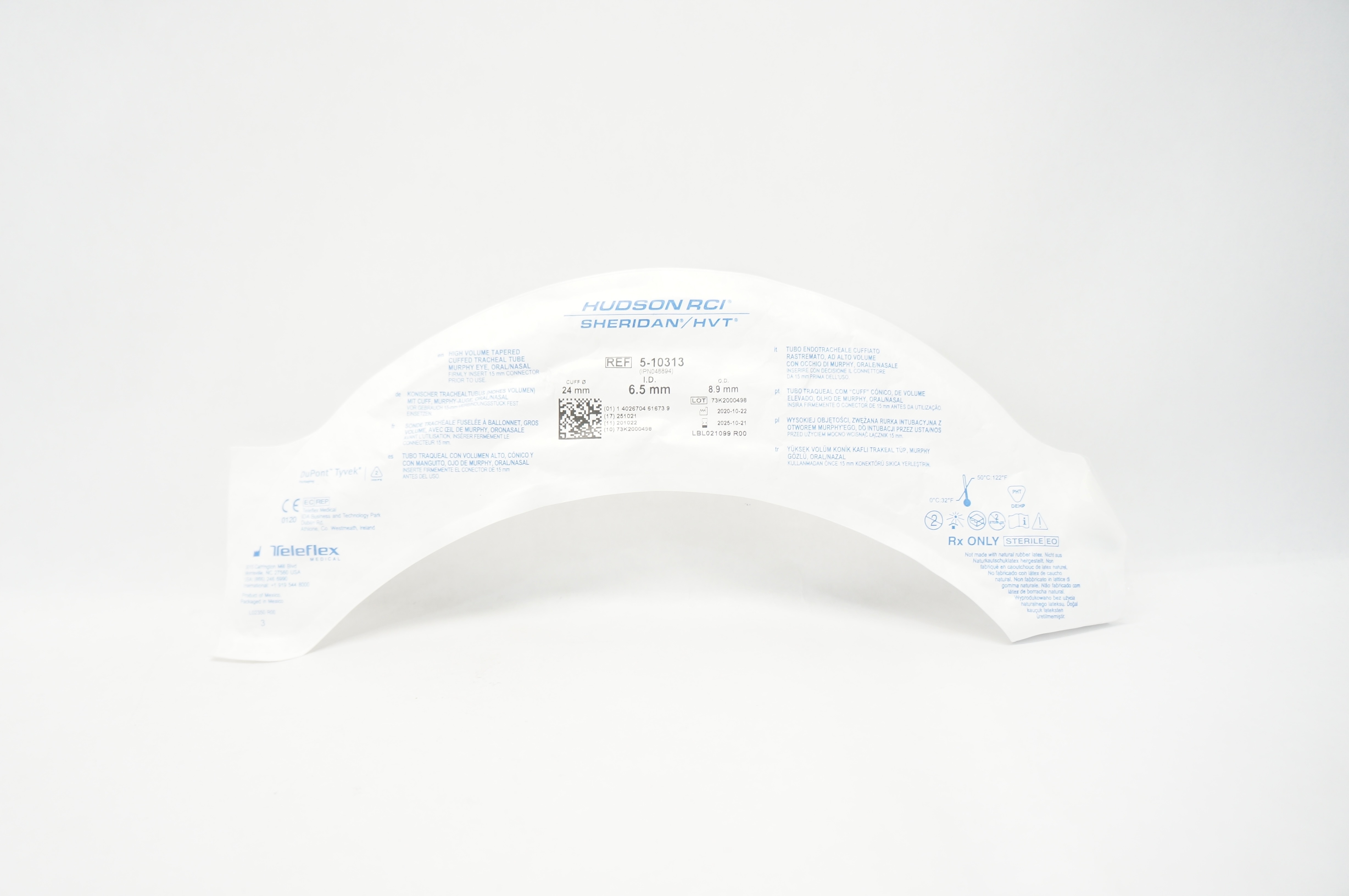 Teleflex 5-10313 Hudson RCI Sheridan HVT Cuffed Tracheal Tube 6.5x 8.9 x 24mm