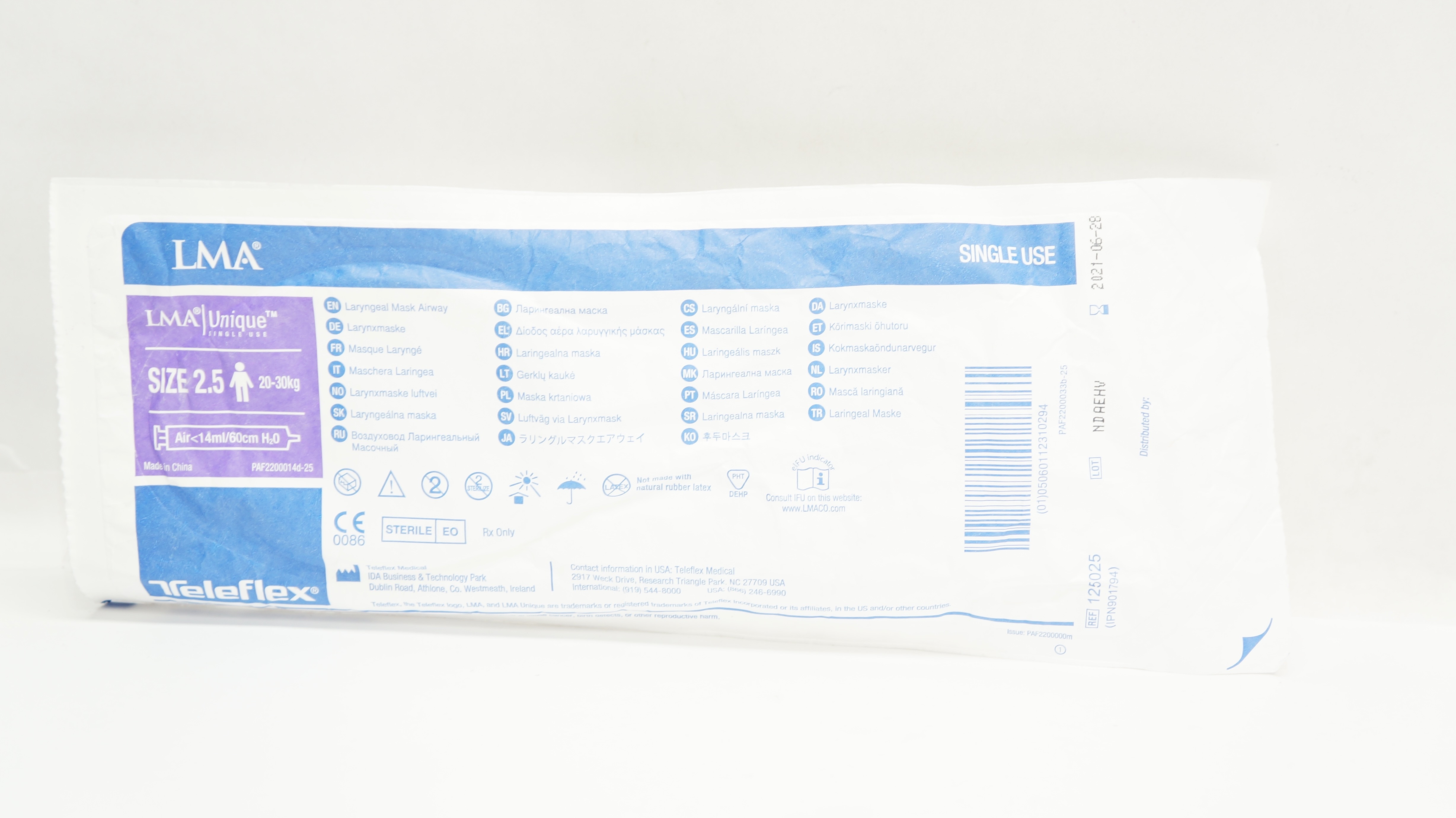 Teleflex 125025 Laryngeal Mask Airway, Air <14 mL/60cm H₂O, Size 2.5 20-30kg (x)
