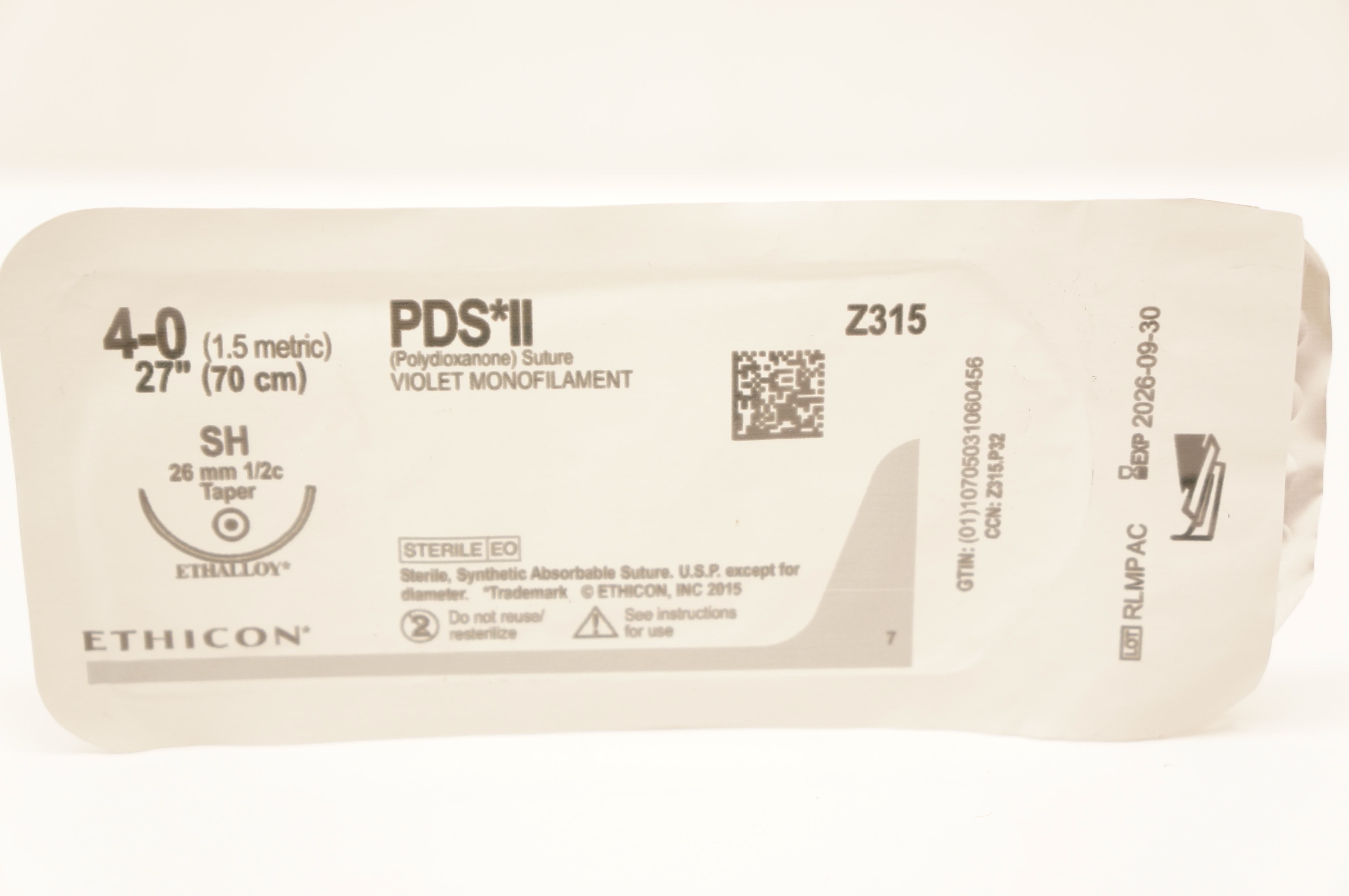 Ethicon Z315 4-0 PDS II Polydioxanone Stre SH 26mm 1/2c Taper, 27inch