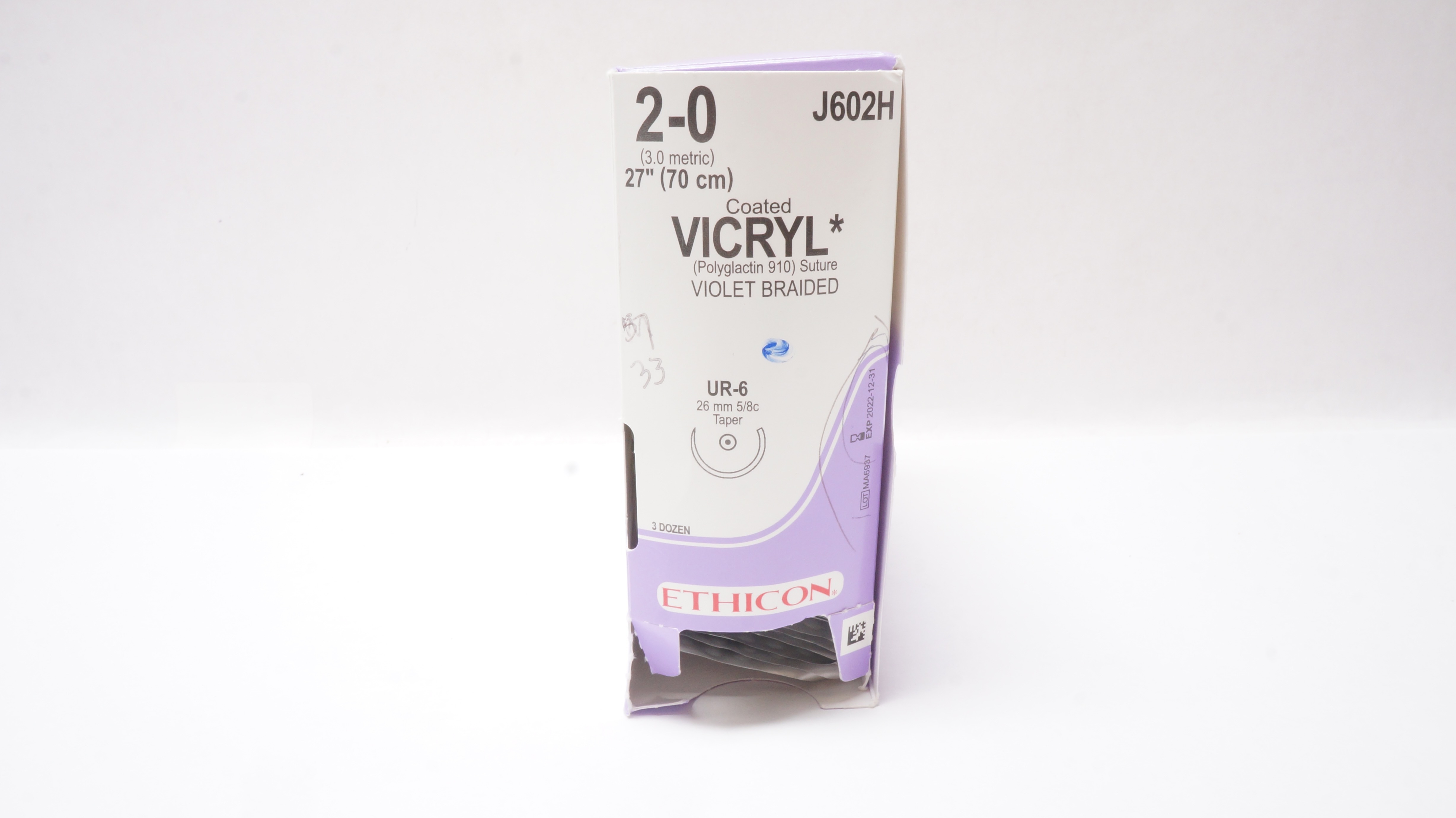 Ethicon J602H 2-0 Coated Vicryl Stre UR-6 26mm 5/8c Taper 27inch (x) - Box of 31