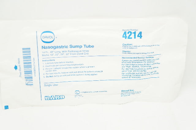 Bard 4214 Davol Nasogastric Sump Tube 14Fr x 48inch w/Radiopaque Stripe Marks