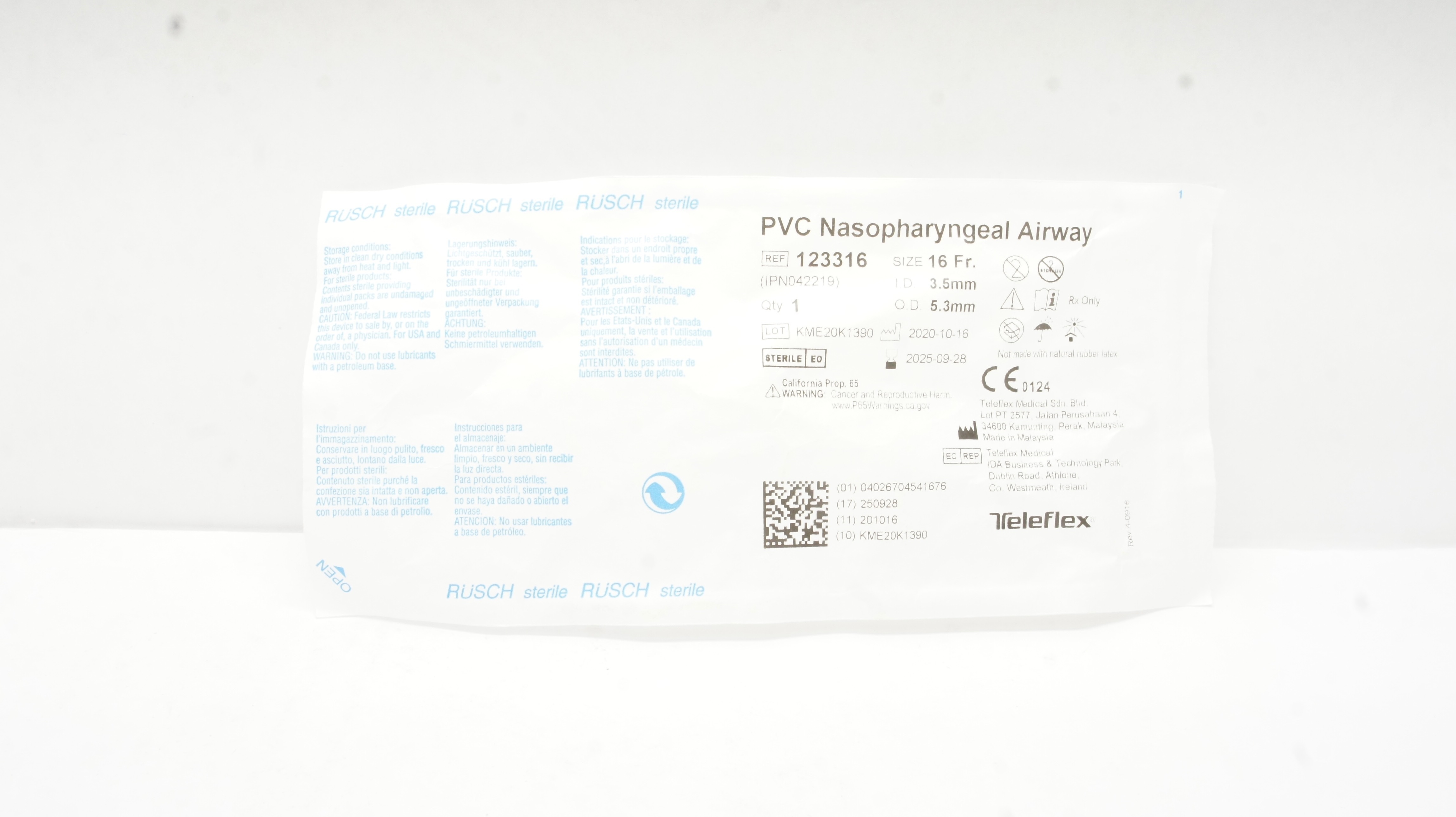Teleflex 123316 Rusch PVC Nasopharyngeal Airway 16Fr x ID 3.5mm, OD 5.3mm