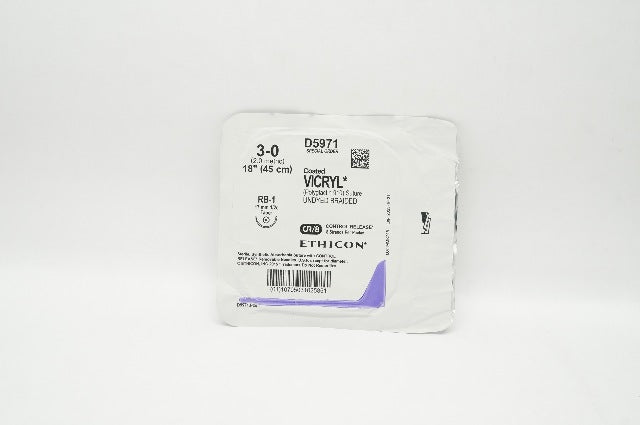 Ethicon D5971 3-0 Coated Vicryl Polyglactin Stre RB-1 17mm 1/2c Taper, 18inch