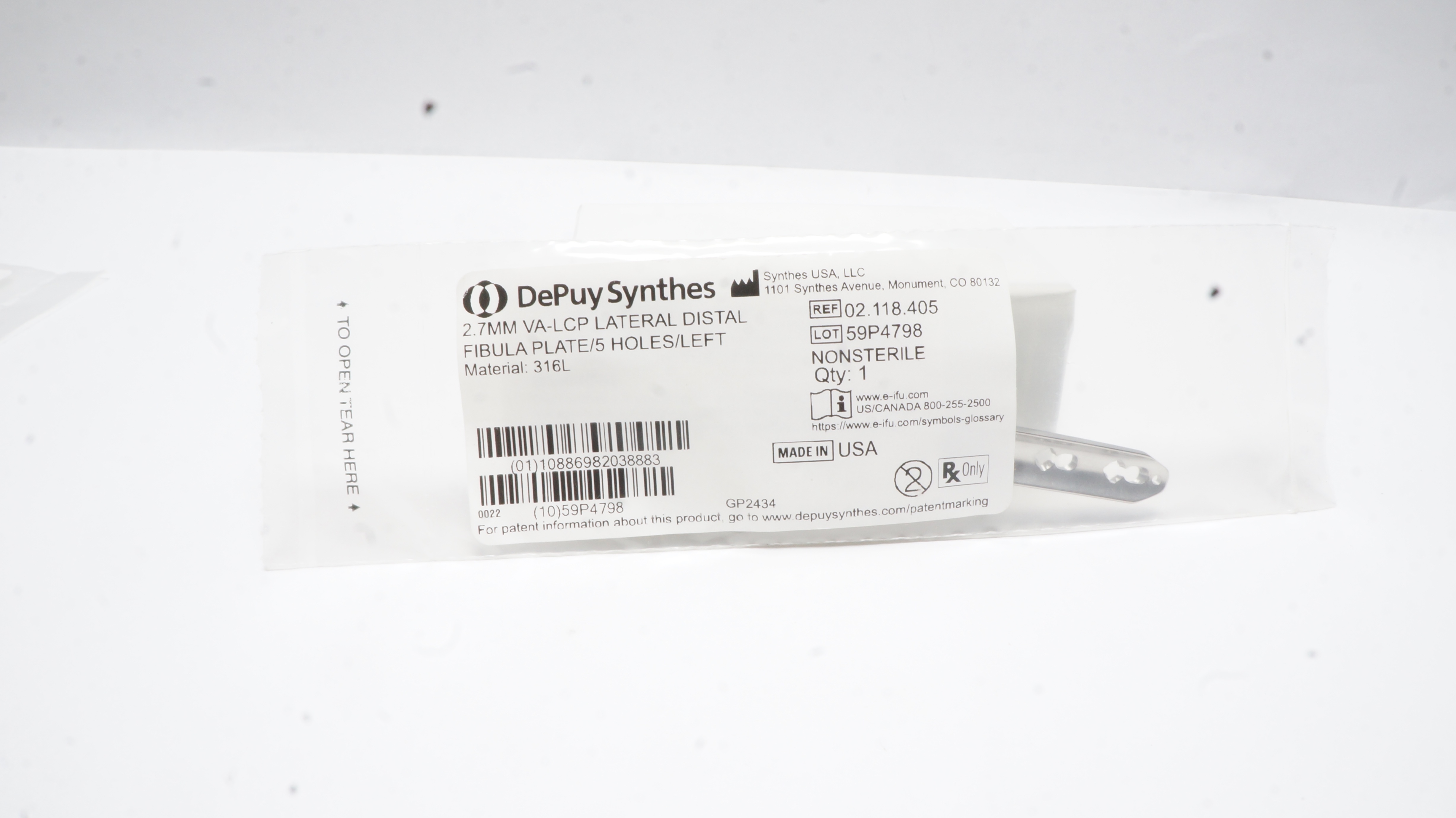 Depuy Synthes 02.118.405 2.7mm VA-LCP Lateral Distal Fibula Plate/5Holes/Left