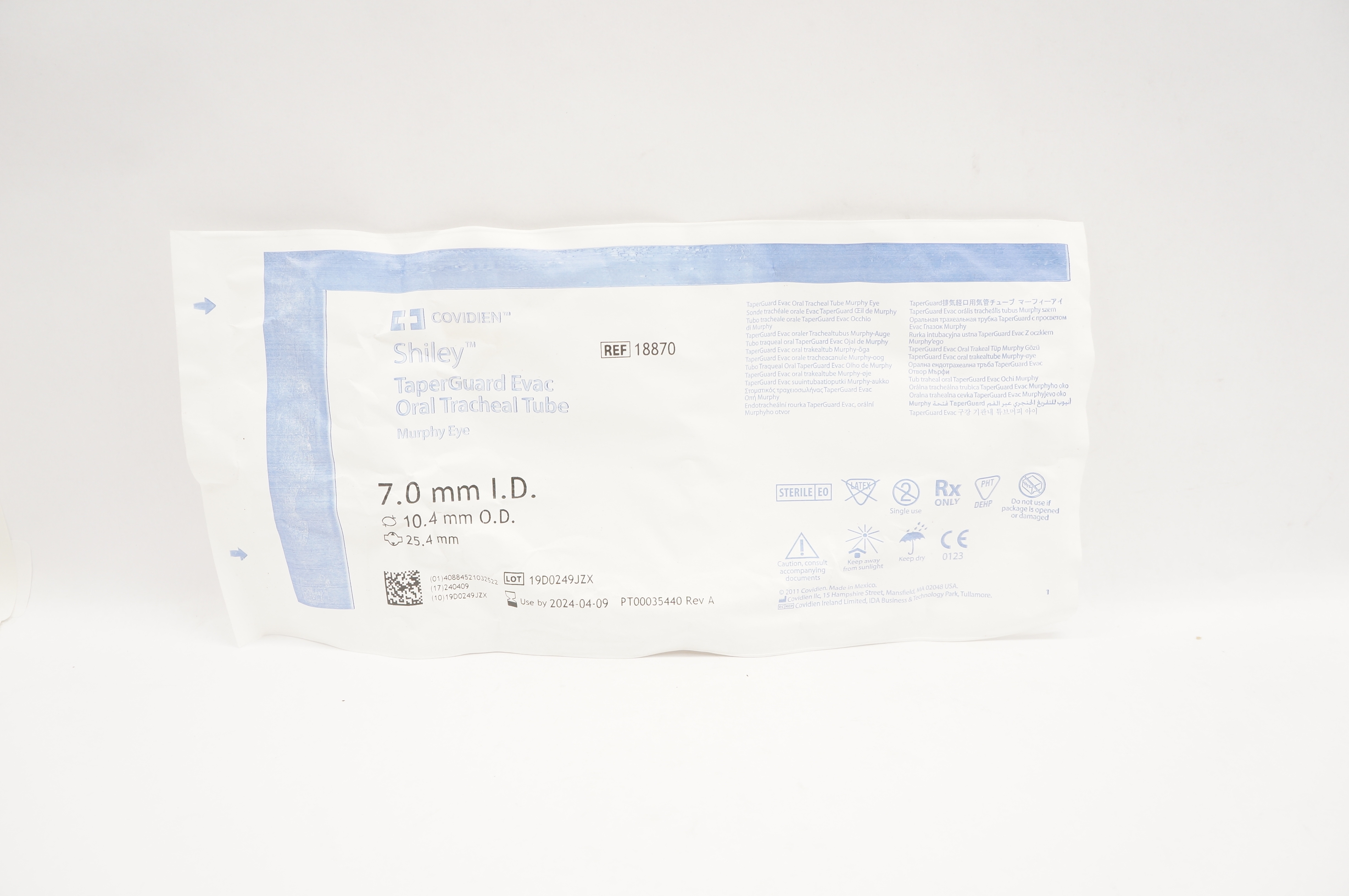 Covidien 18870 Shiley TaperGuard Evac Oral Tracheal Tube 7.0ID x 10.4OD x 25.4mm
