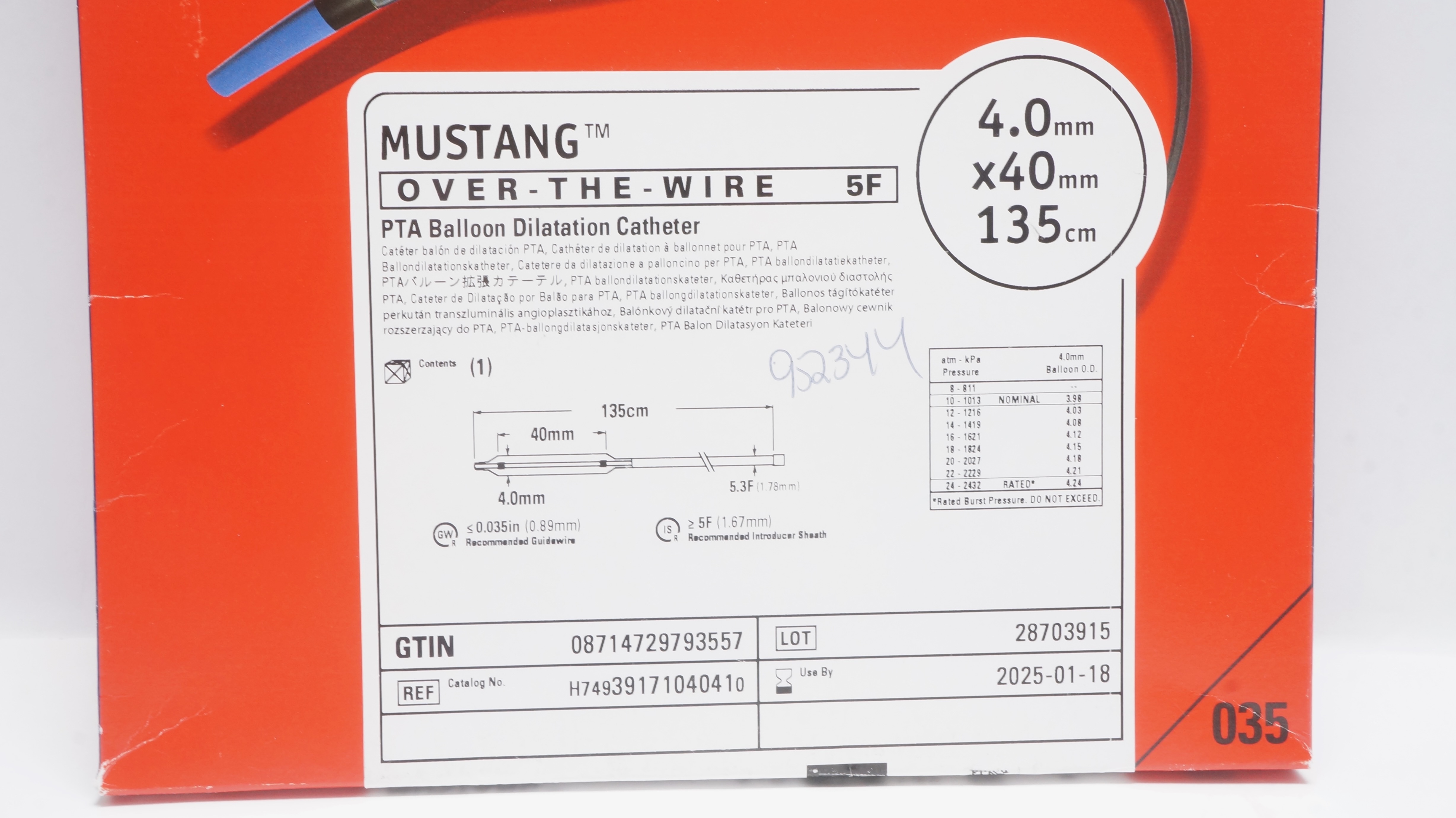 Boston Scientific H74939171041410 Mustang Dilatation Cath. 4.0 x 40mm x 135cm(x)