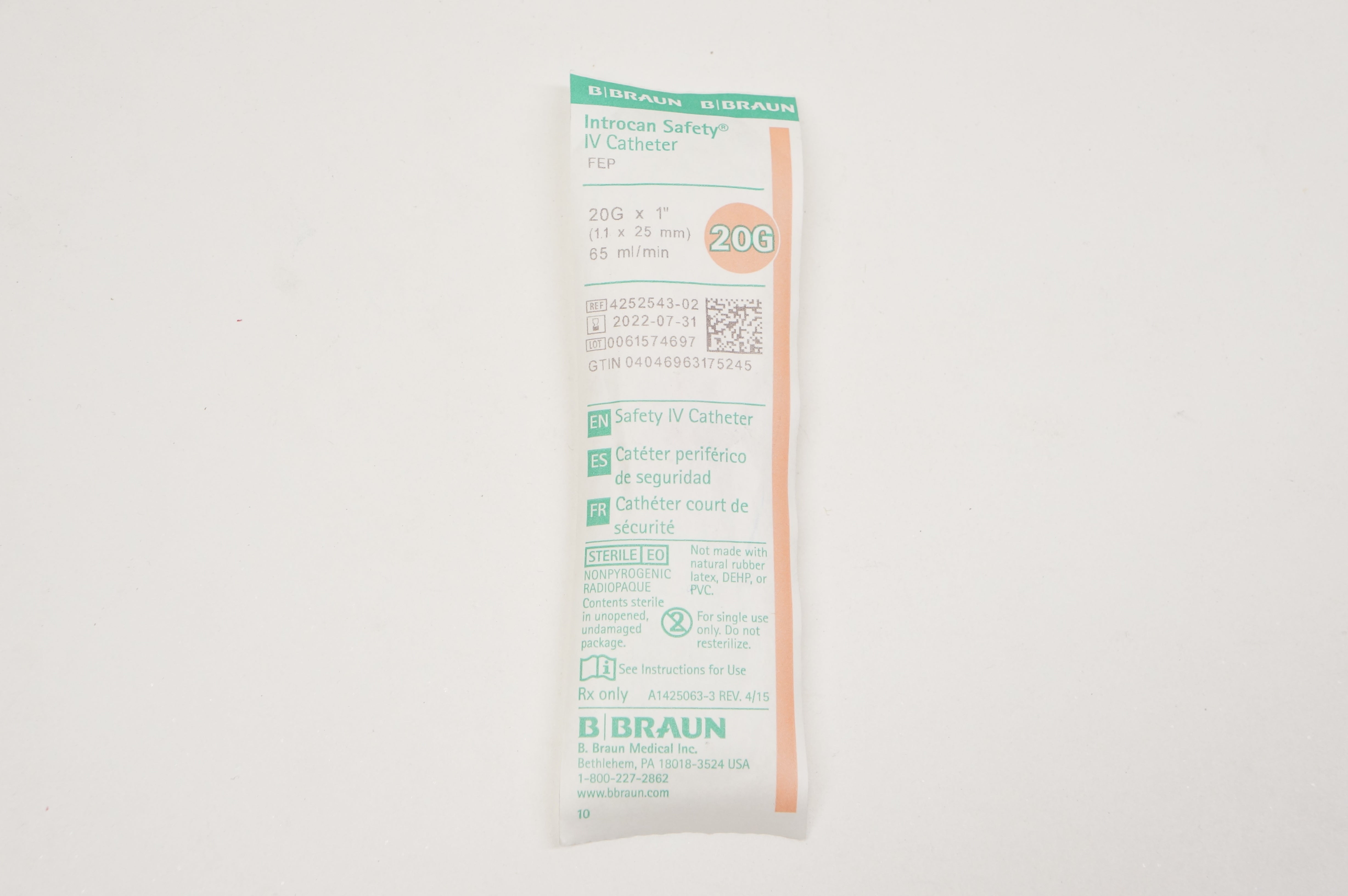 Braun 4252543-02 Introcan Safety IV Cath. 20G x 1inch