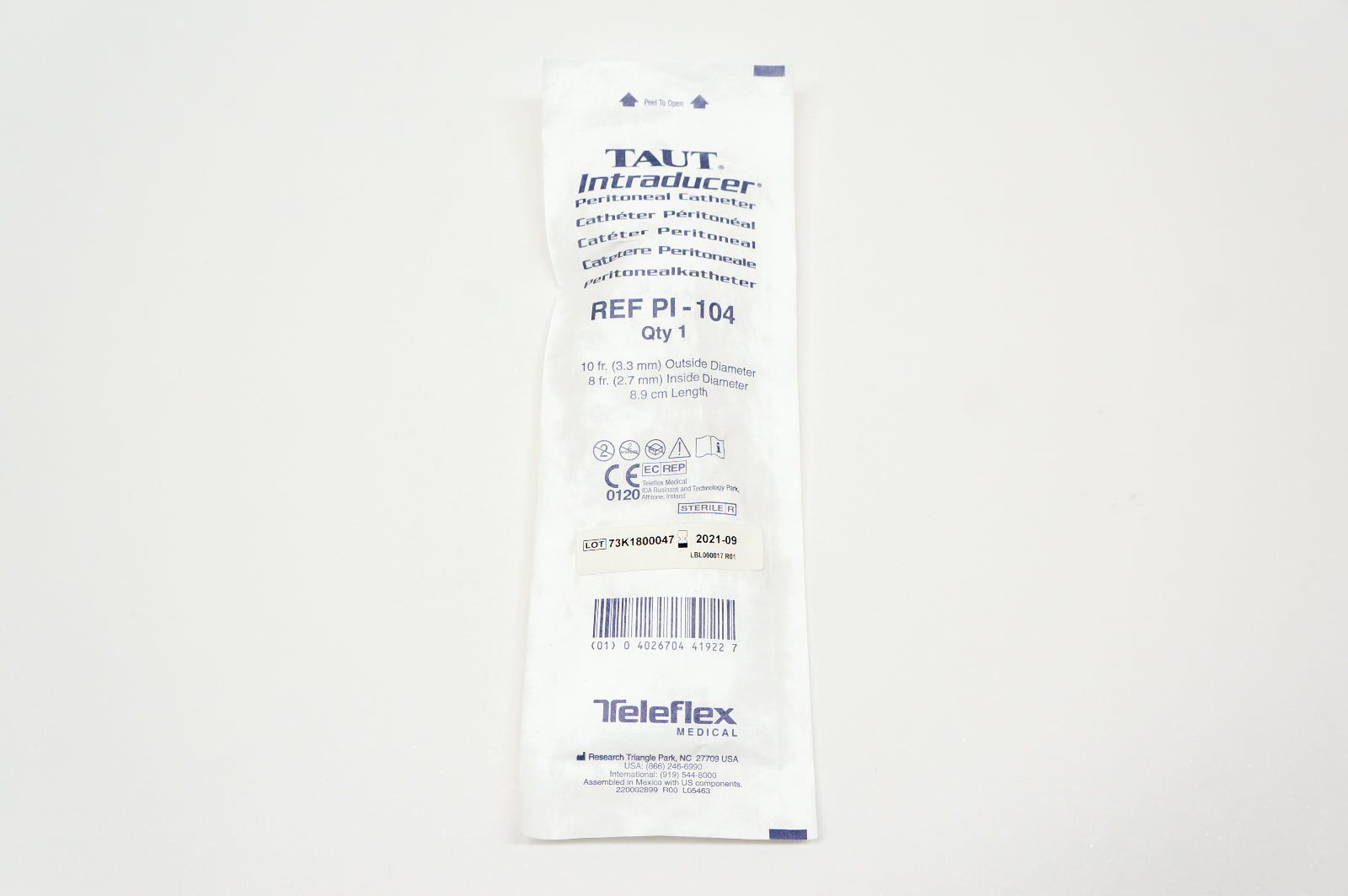 Teleflex PI-104 TAUT Intraducer Peritoneal Cath. 10Fr. x 8Fr. x 8.9cm