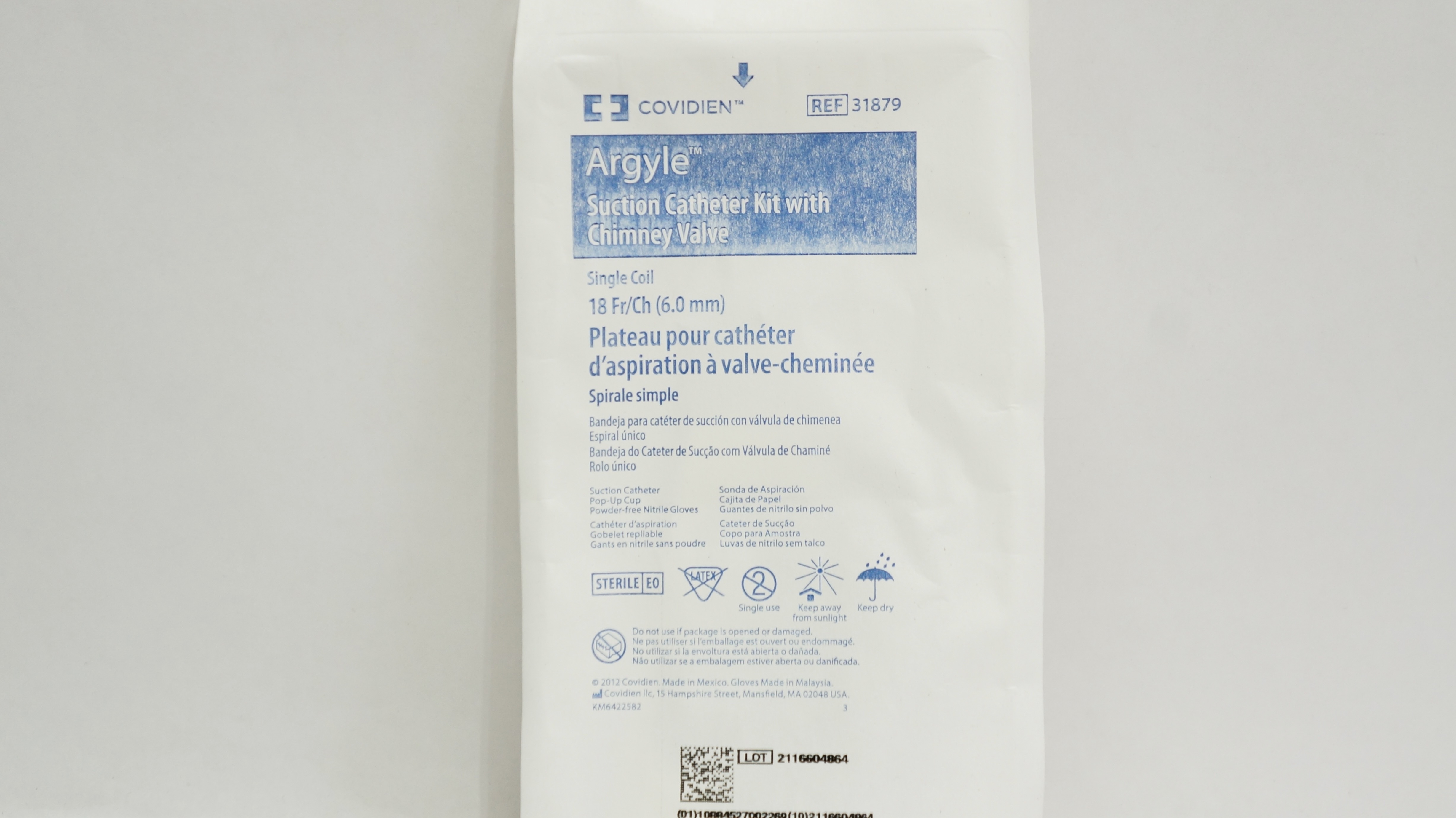 Covidien 31879 Argyle Suction Cath. Kit with Chimney Valve Single Coil 18Fr/Ch