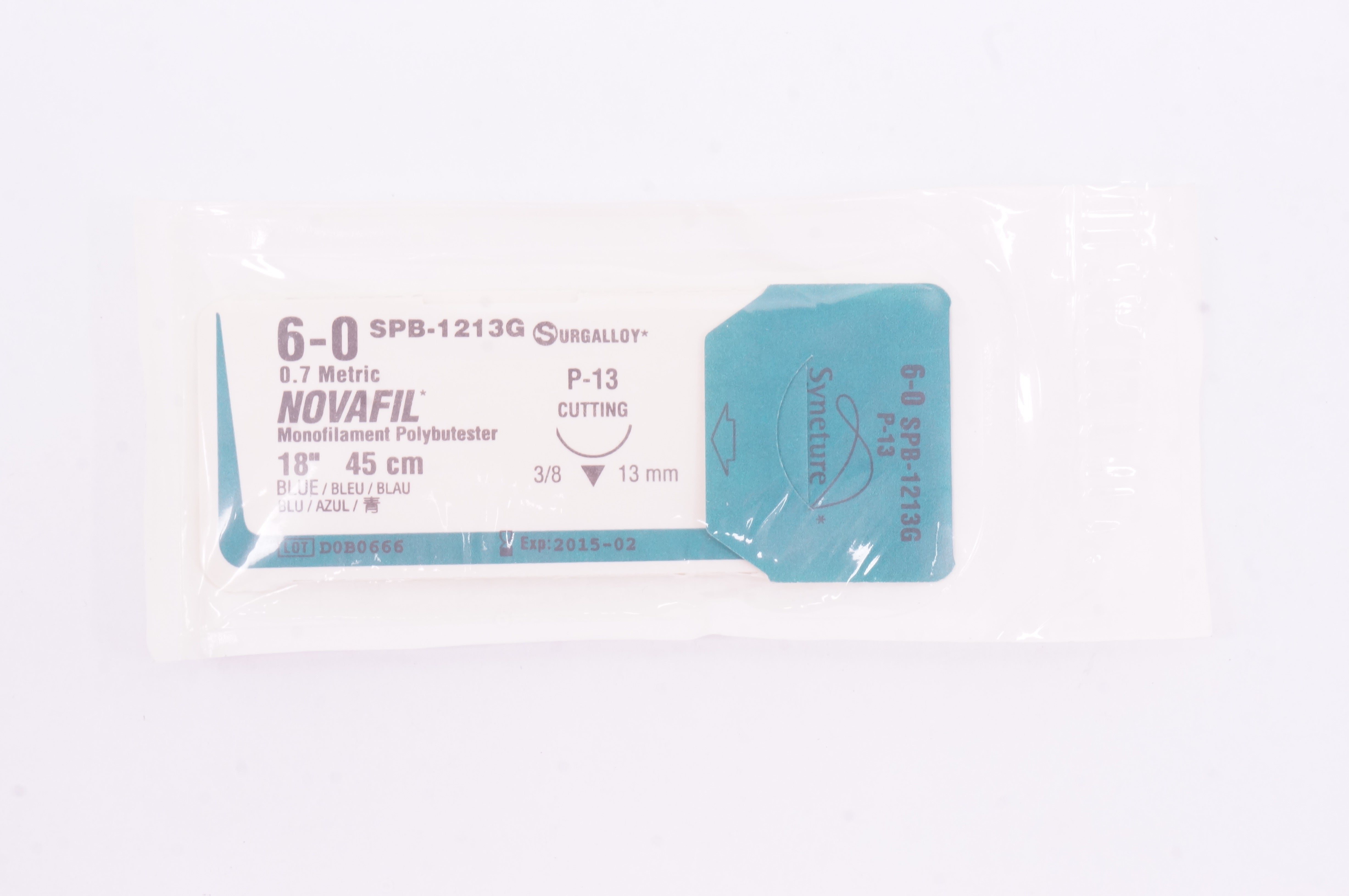 Covidien SPB-1213G 6-0 Novafil, P-13, MONOFILAMENT POLYBUTESTER 13mm 3/8,18in(x)