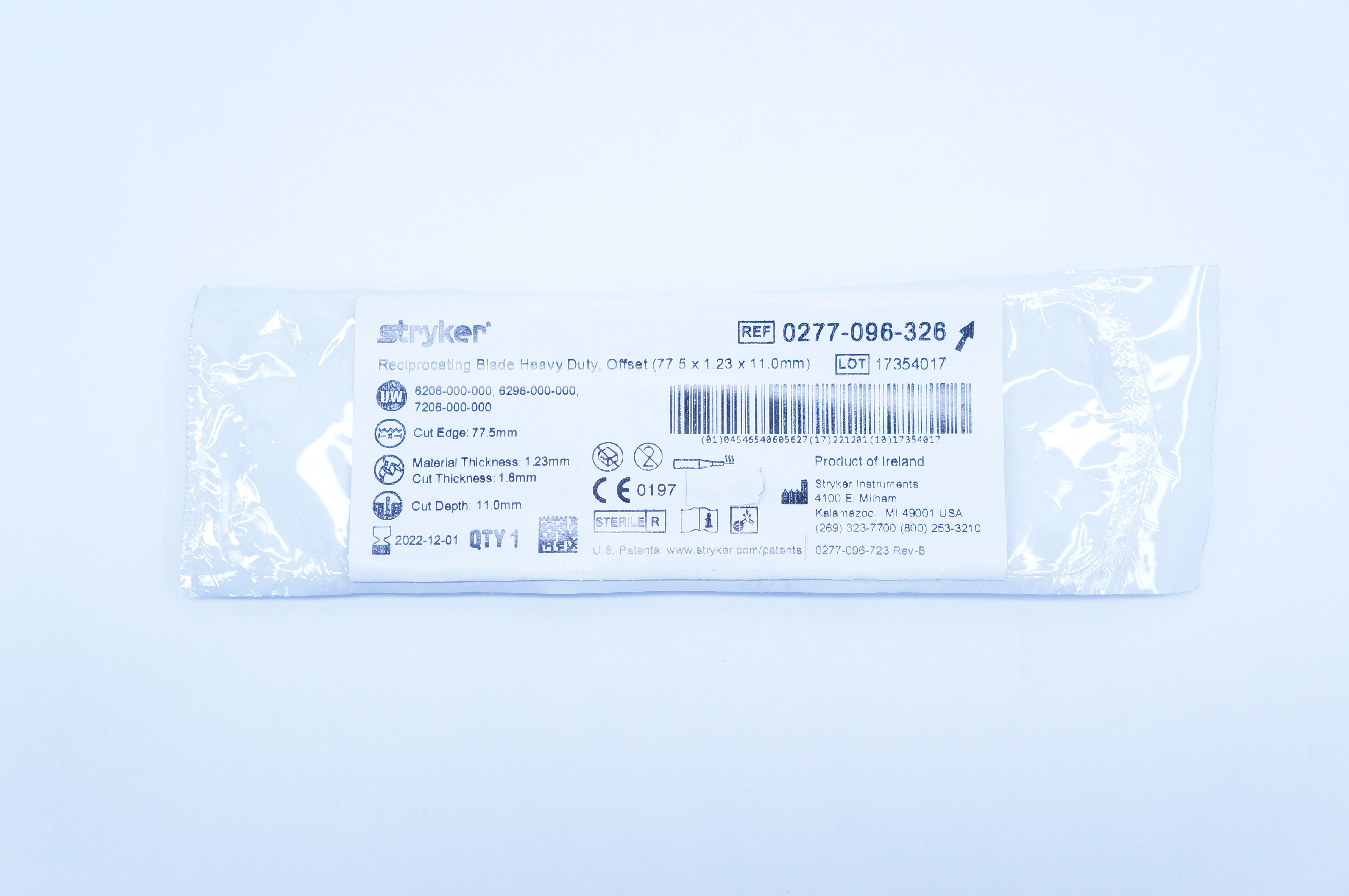 Stryker 0277-096-326 Reciprocatintg Blade Heavy Duty,Offset 77.5 x 1.23 x 11.0mm