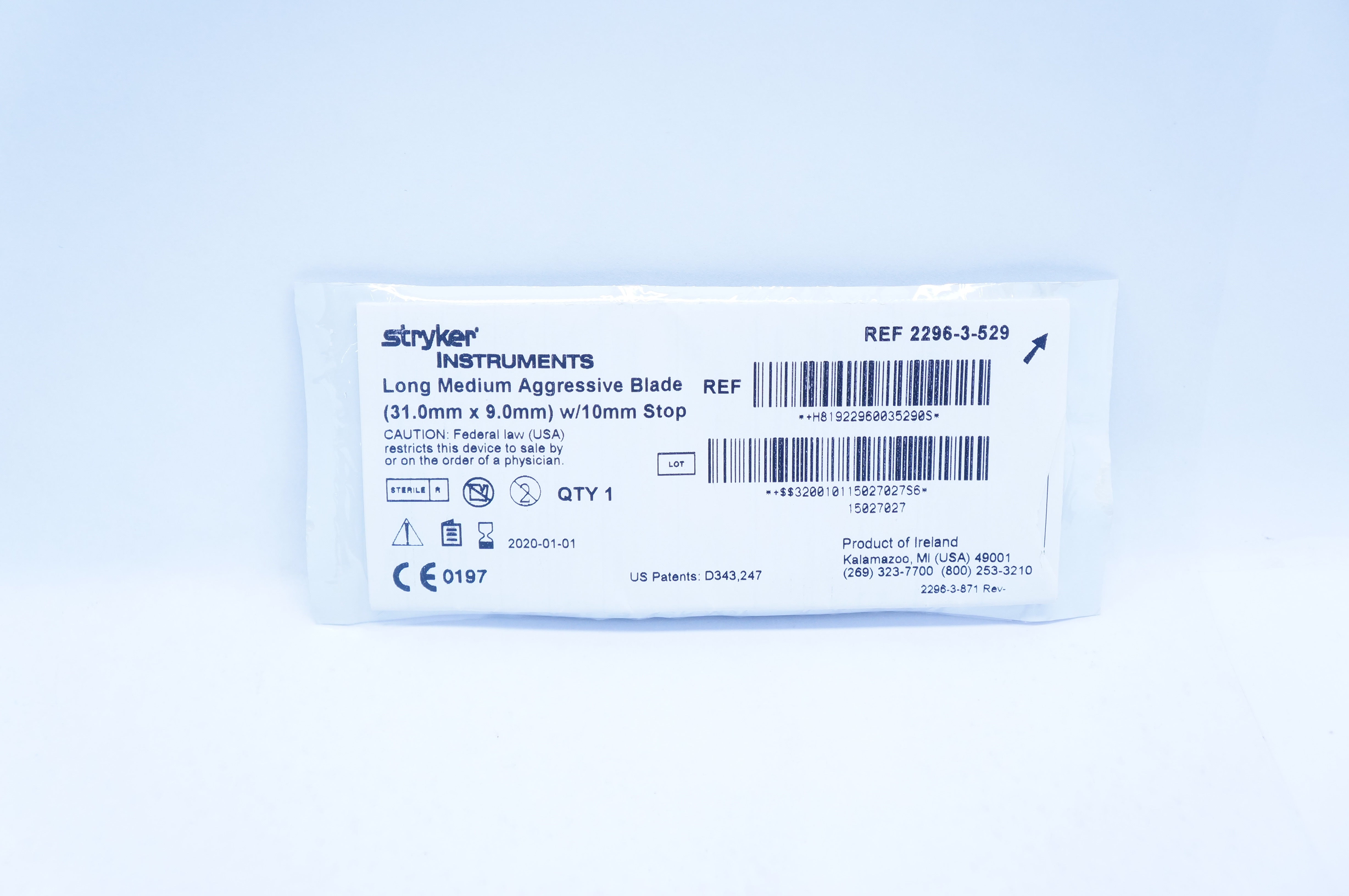 Stryker 2296-3-529 Long Medium Aggressive Blade 31.0 x 9.0mm w/10mm Stop (x)