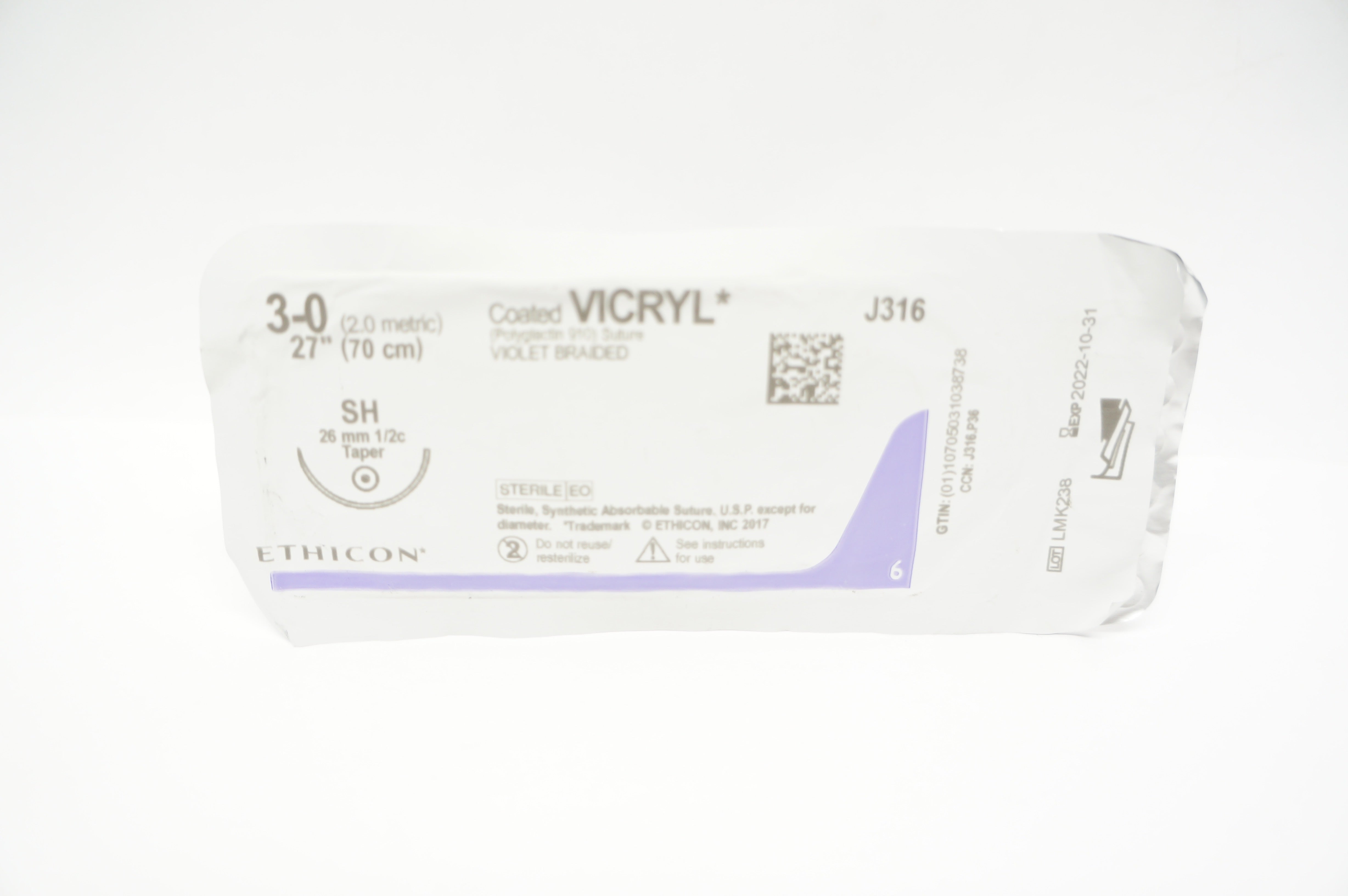 Ethicon J316 3-0 Coated VICRYL, SH, 26mm 1/2c Taper, 27inch (x)