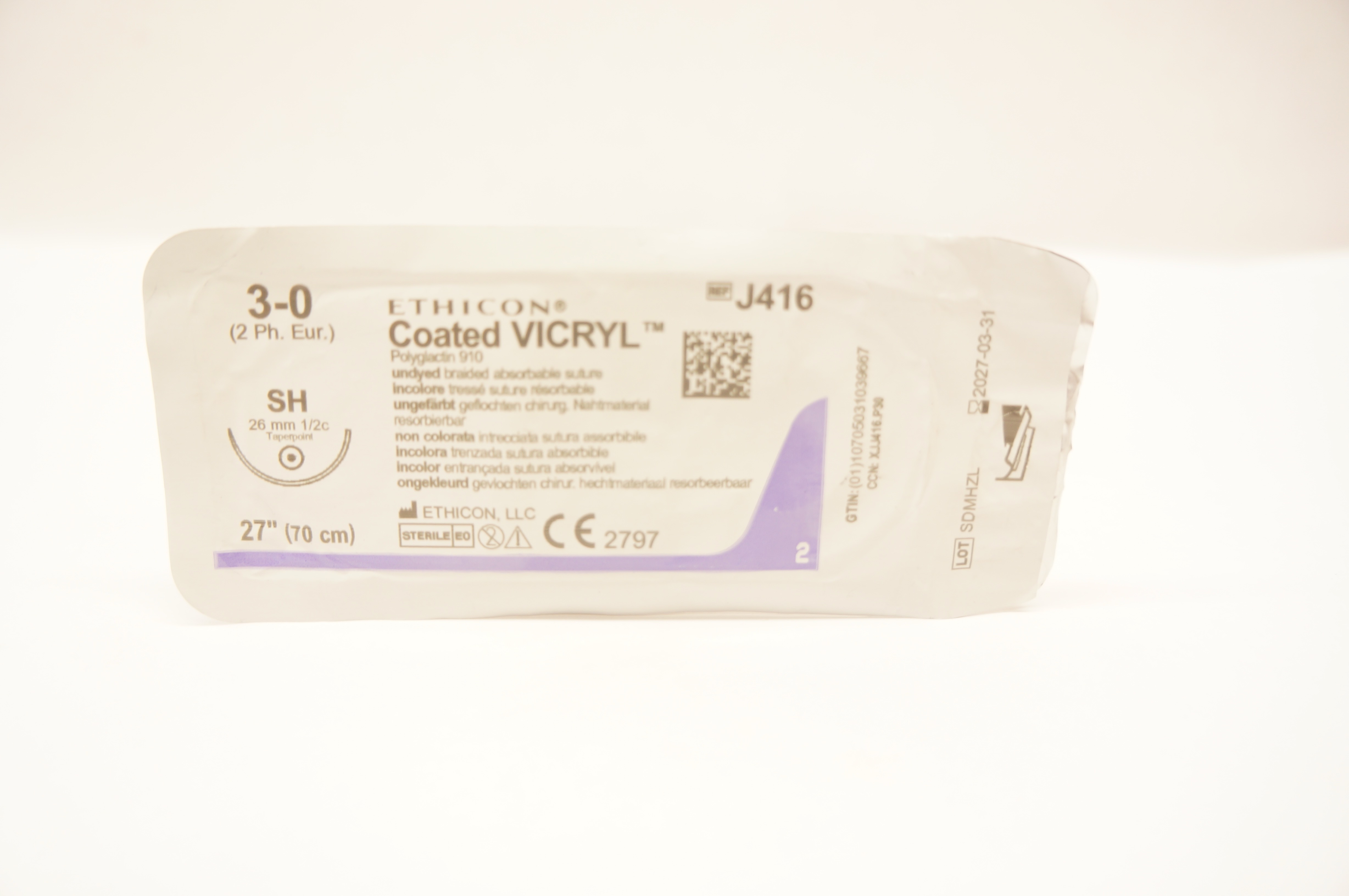 Ethicon J416 3-0 Coated VICRYL SH 26mm 1/2c Taper, 27inch