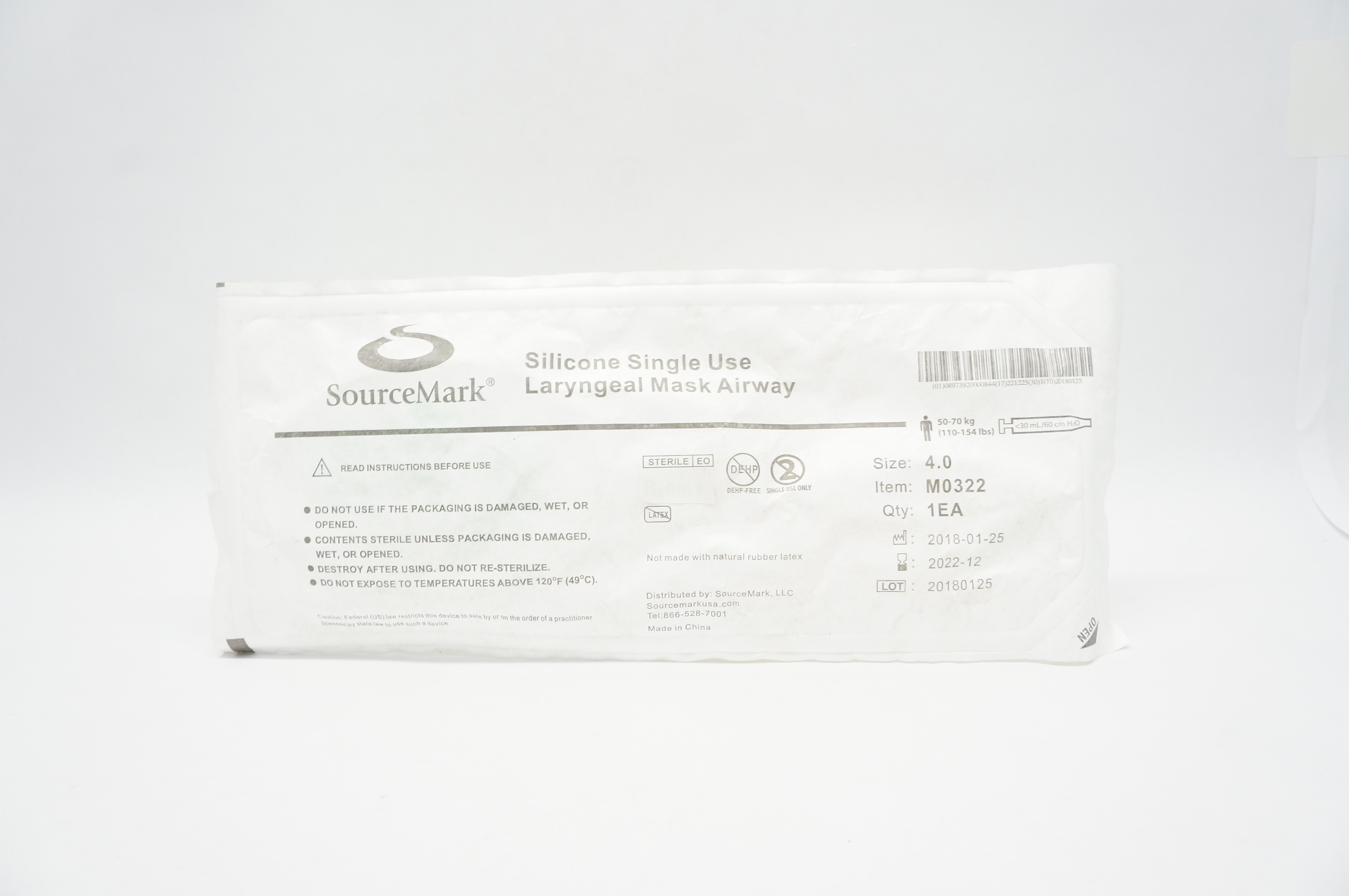 SourseMark M0322 Laryngeal Mask Airway Size 4.0 (110-154 lbs) < 30mL/60cm H2O