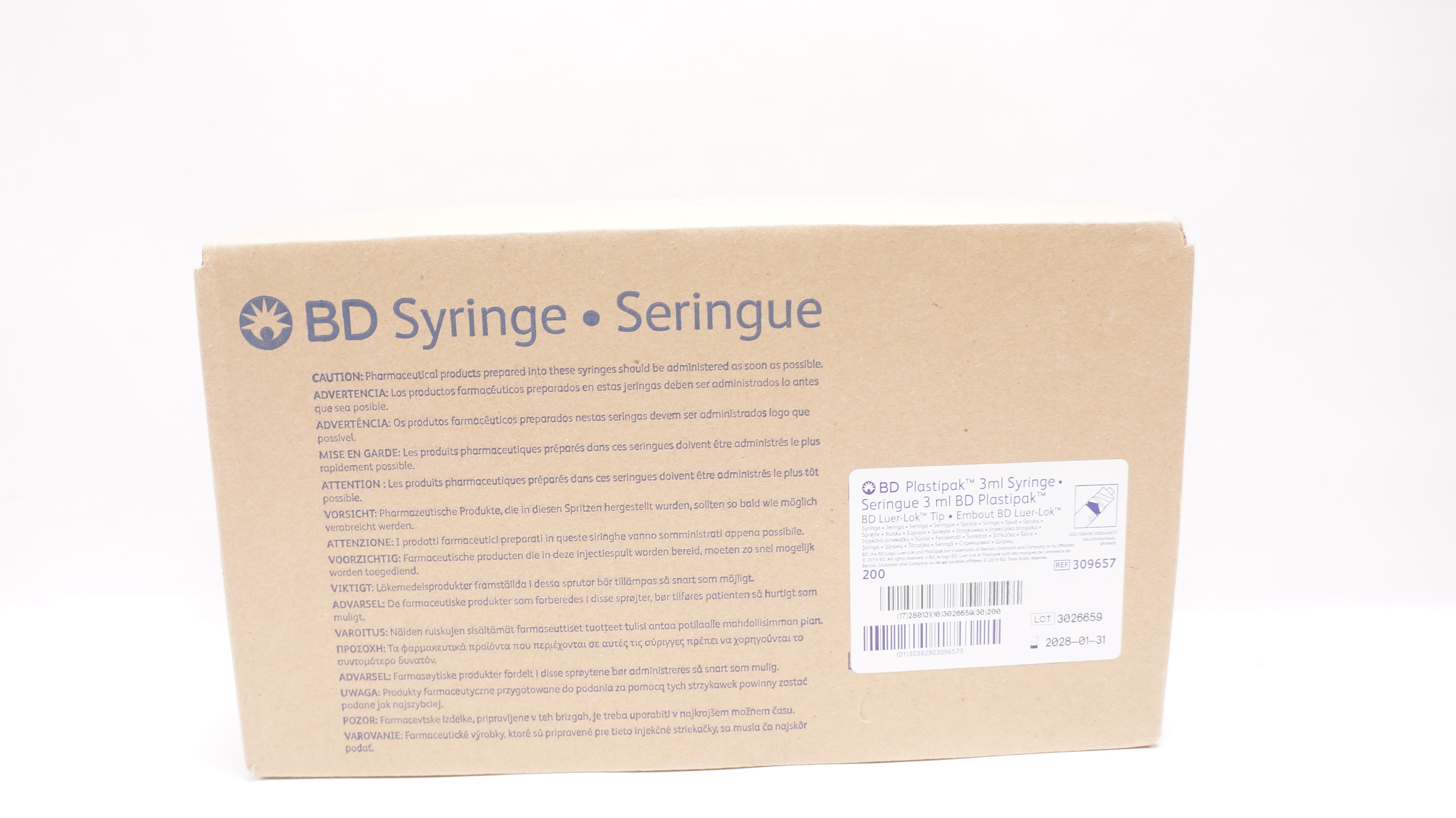 BD 309657 Plastipak Luer-Lok Tip, Syringe 3ml - Box of 200