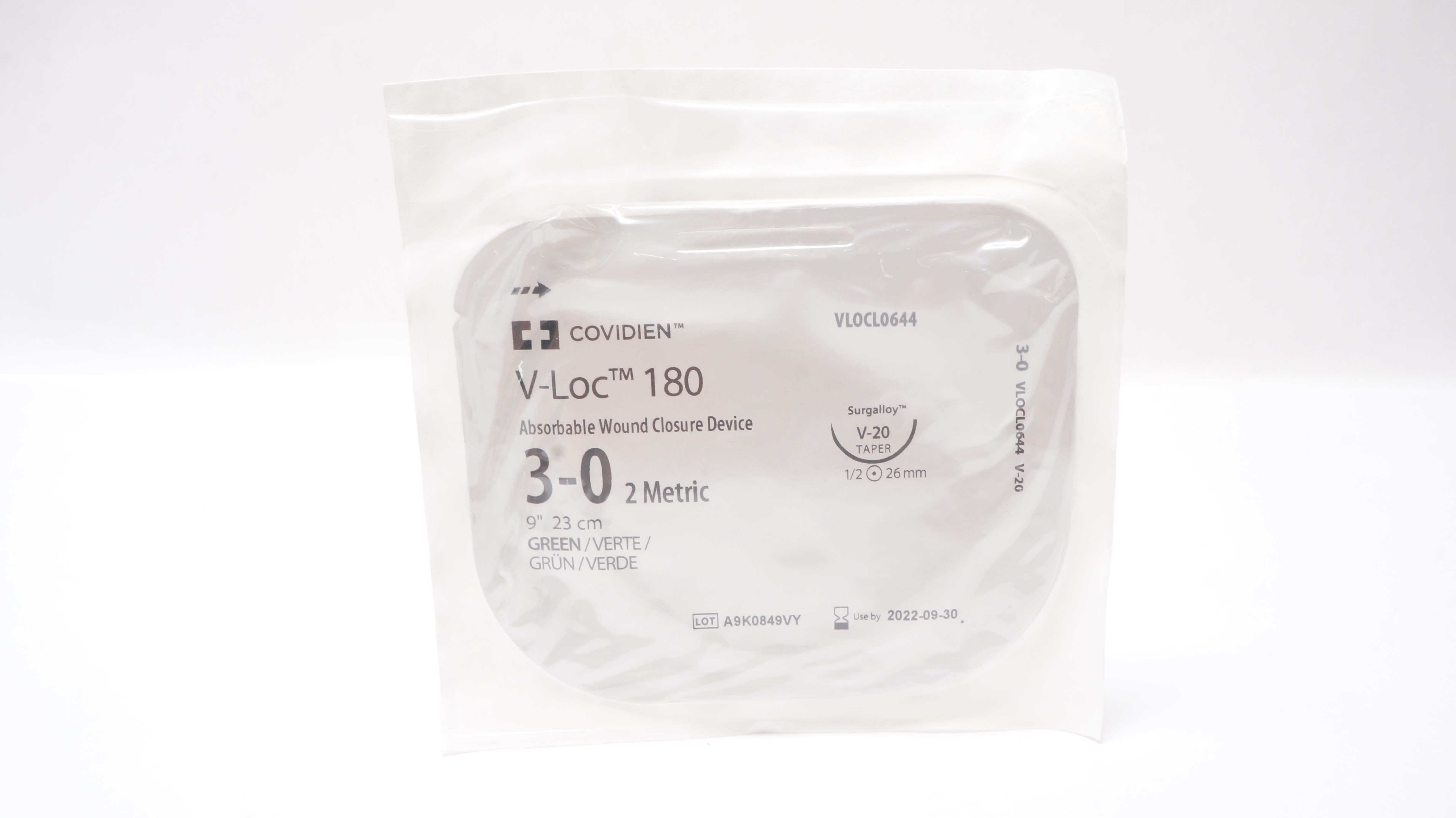 Covidien VLOCL0644 3-0 V-Loc180 Wound Closure Device V-20 Taper 1/2c 26mm 9in(x)