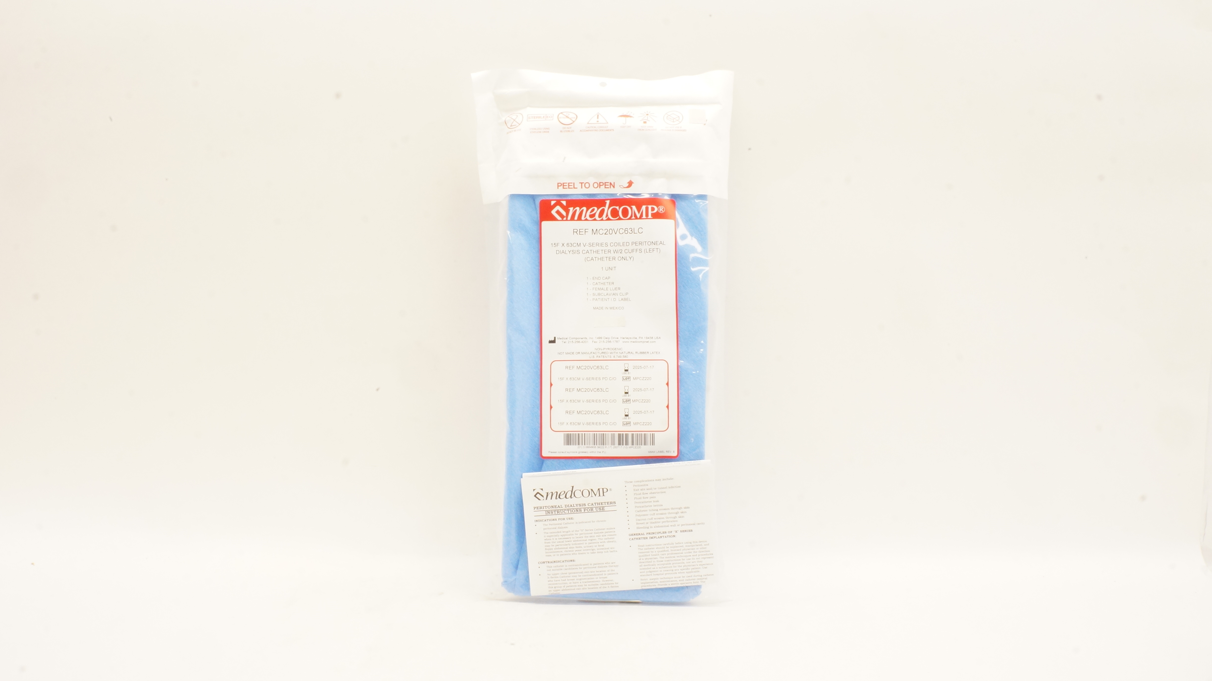 MedComp MC20VC63LC 15Fx 63cm V-Series Coiled Peritoneal Dialysis Cath W/2 Cuffes