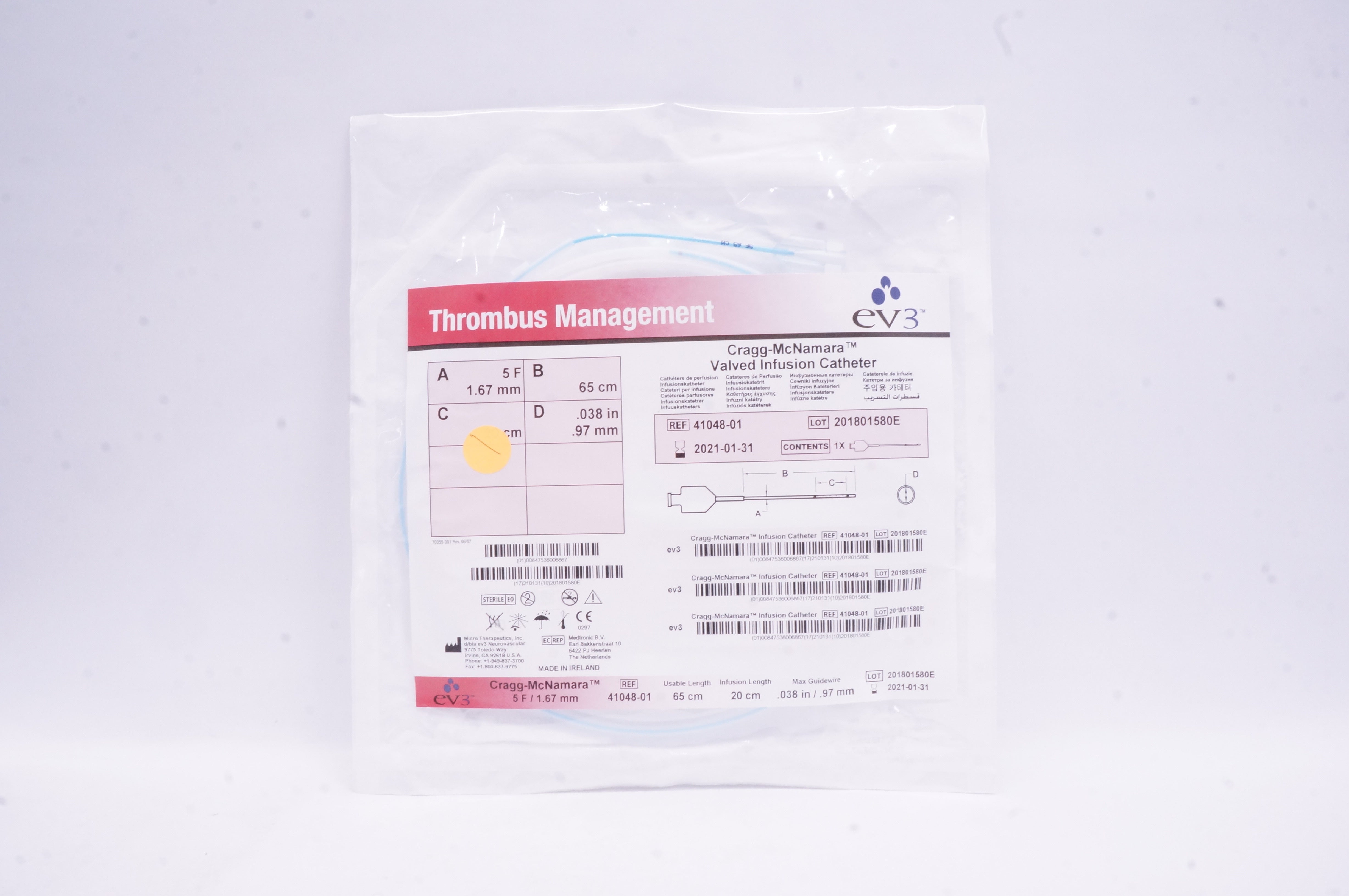 Micro Therapeutics 41048-01 Thrombus Cragg-McNamara Valved Infusion Cath.65cm(x)