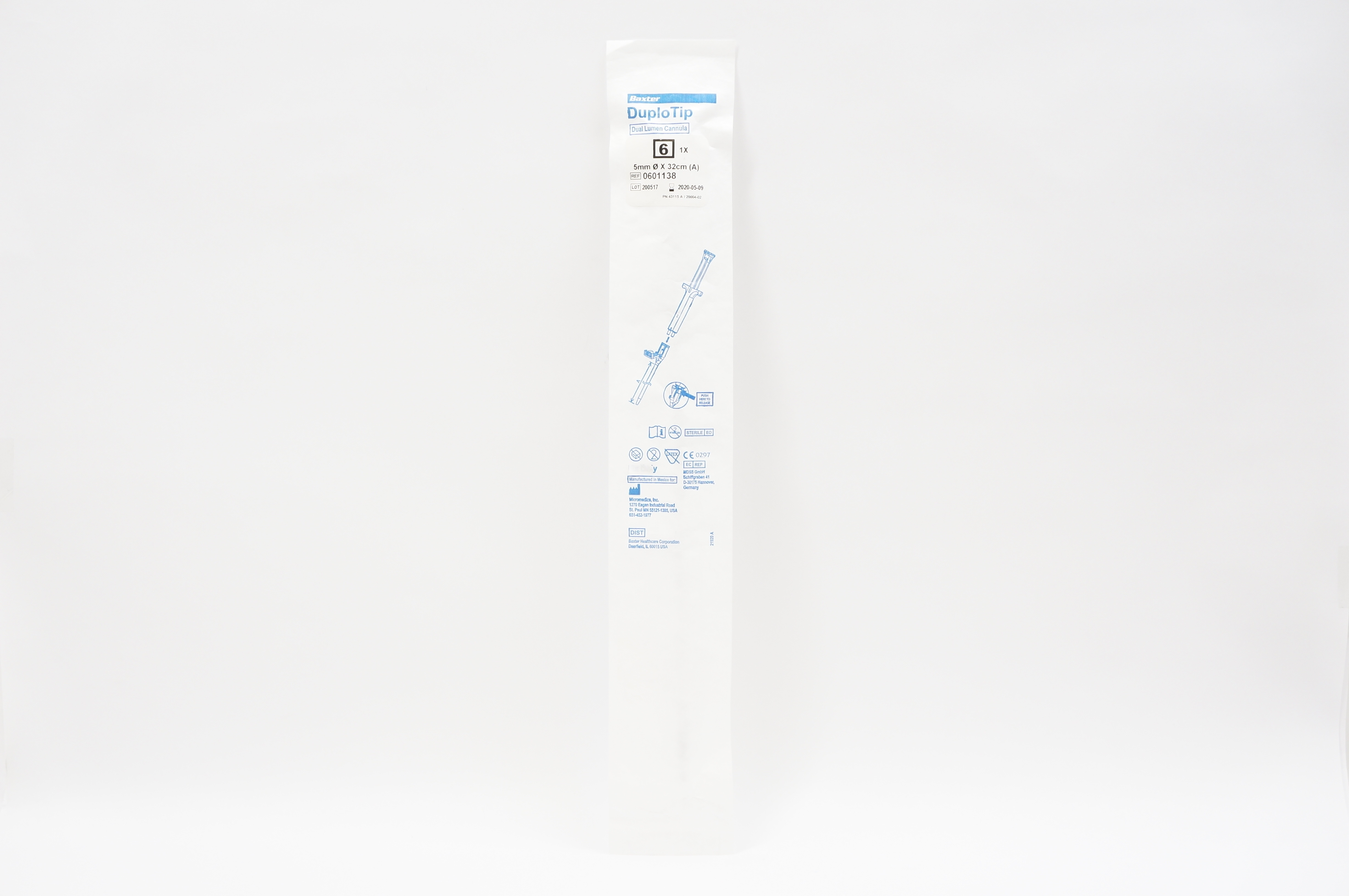 Baxter 0601138 DuploTip Dual Lumen Cannula 6, 5mm x 32cm (x)