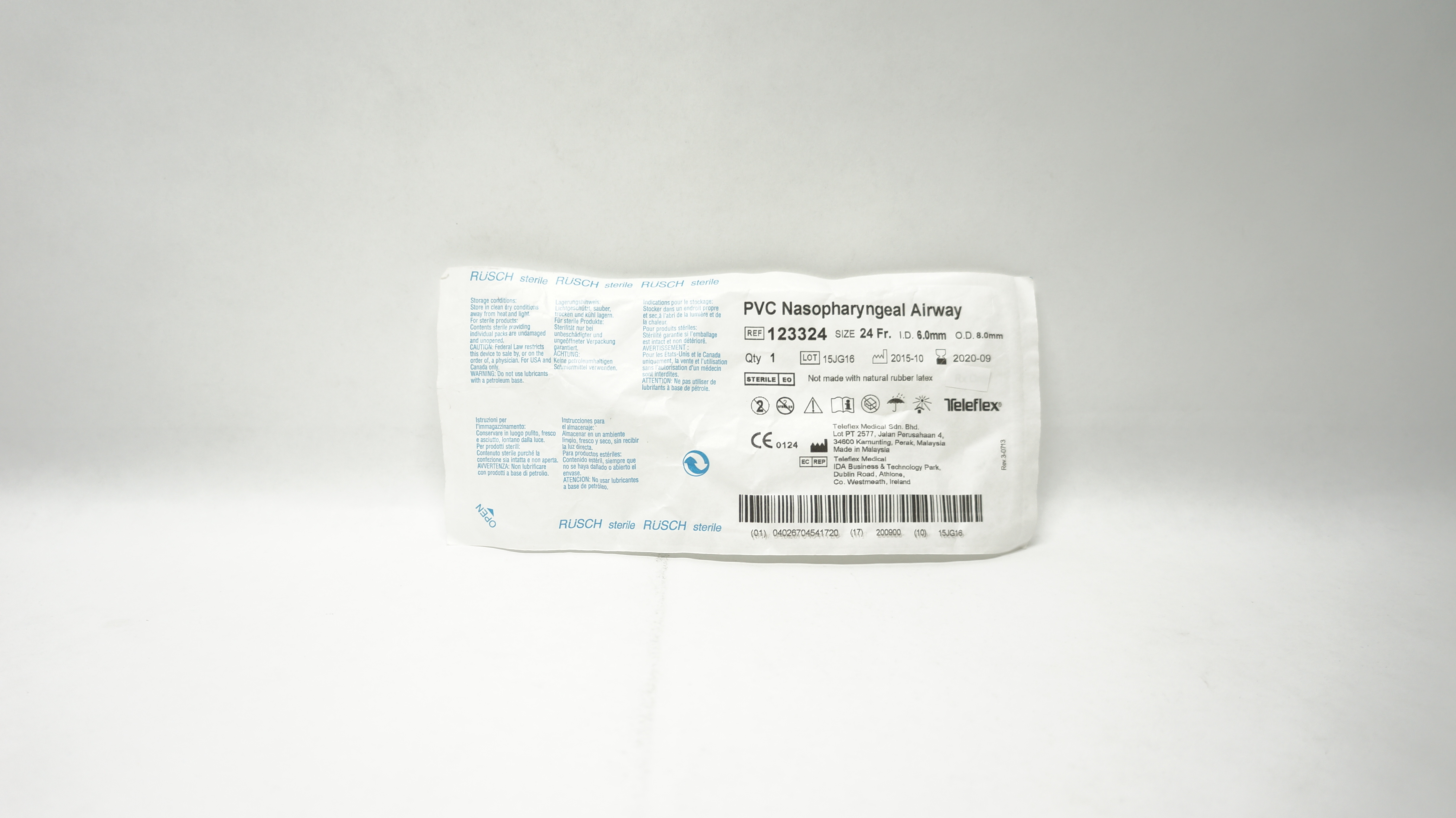 Teleflex 123324 Rusch PVC Nasopharyngeal Airway 24 Fr x 6.0mm ID x 8.0mm OD (x)