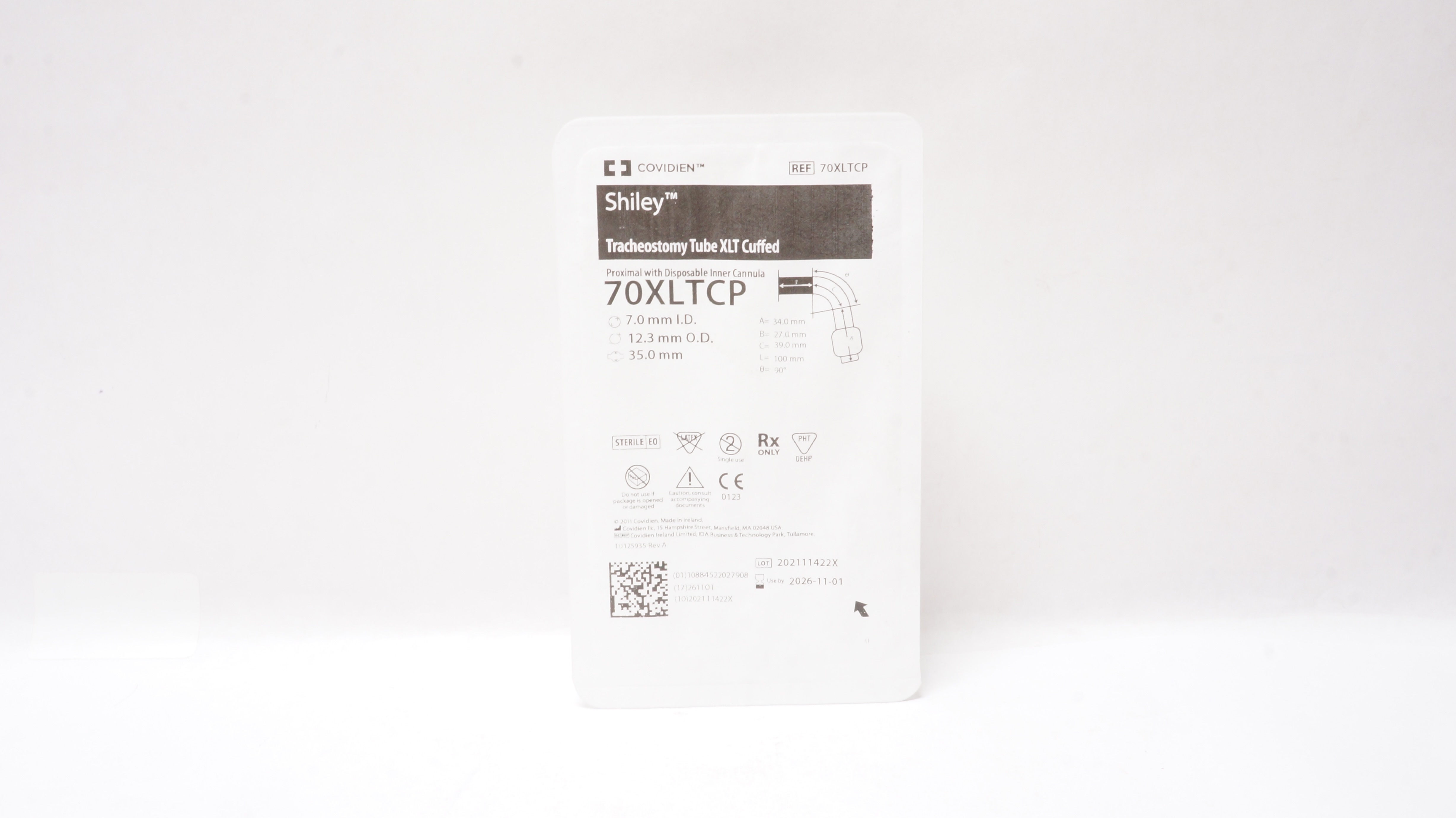 Covidien 70XLTCP Shiley Tracheostomy Tube XLT Cuffed 7.0mm ID x 12.3mm OD x 35mm