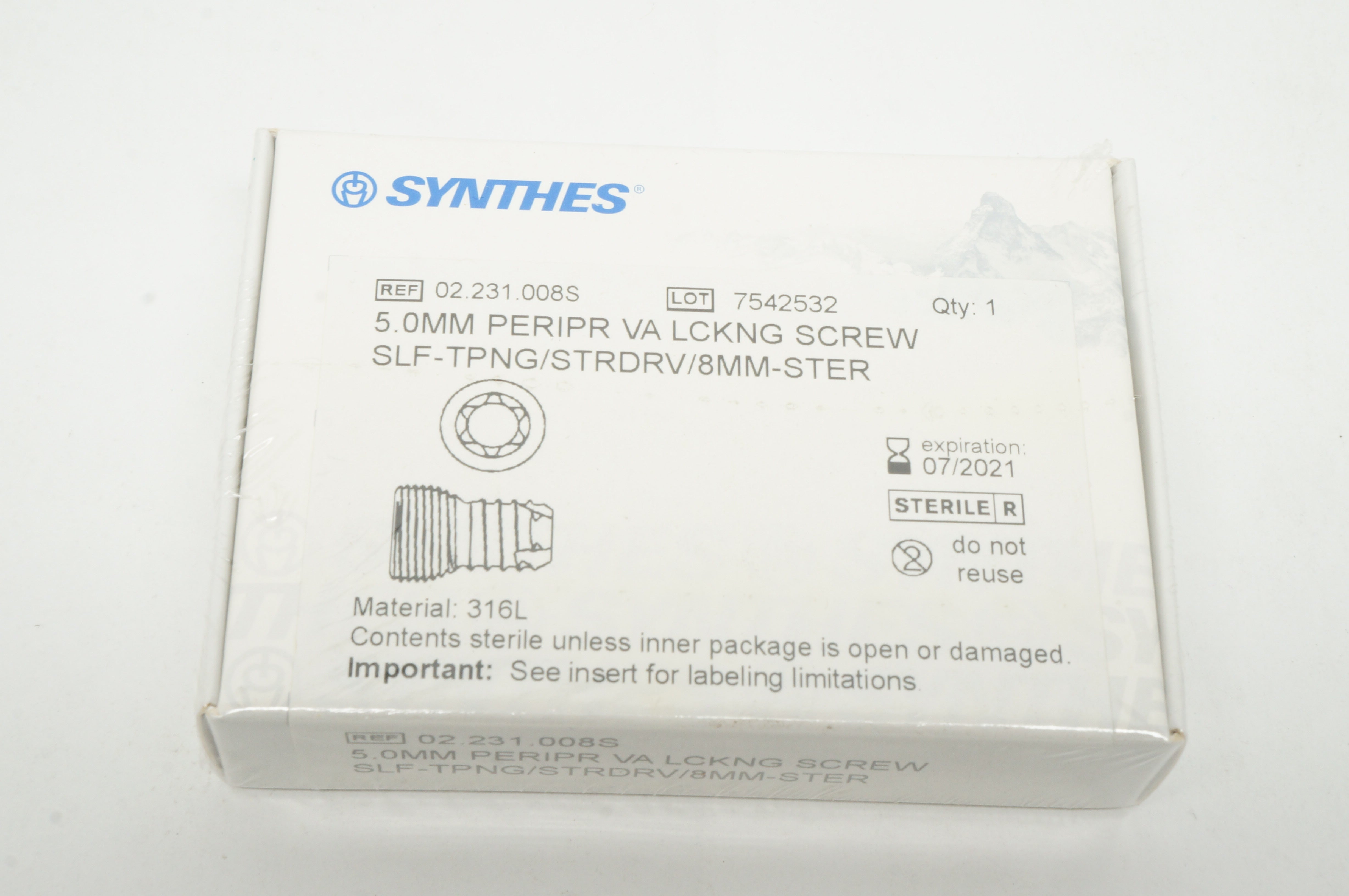 Synthes 02.231.008S 5.0mm PERIP VA LCKNG Screw SLF-TPNG/STRDRV/8mm-STER (x)
