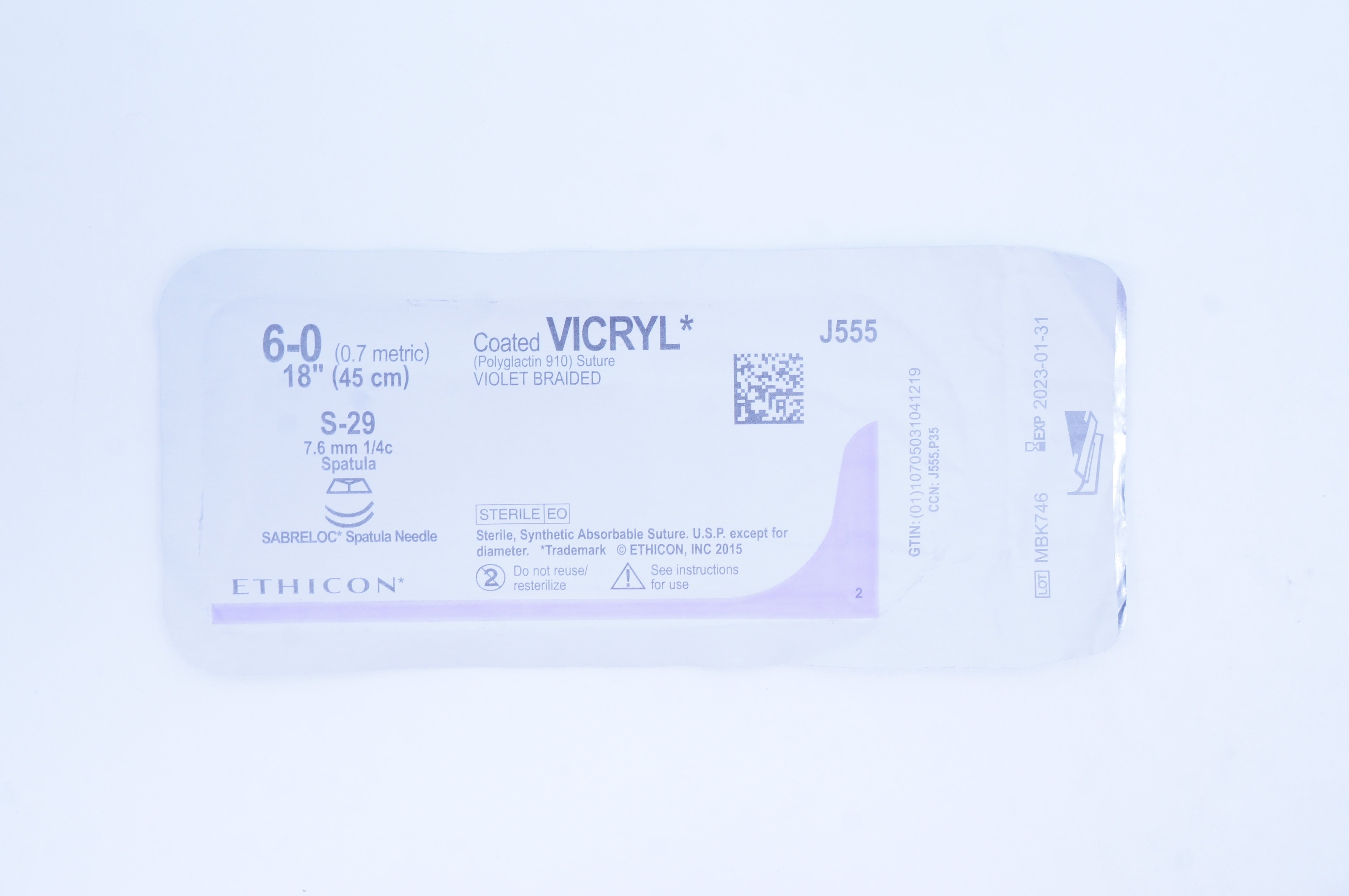 Ethicon J555 6-0 Coated VICRYL Stre S-29 7.6mm 1/4c Spatula, 18inch