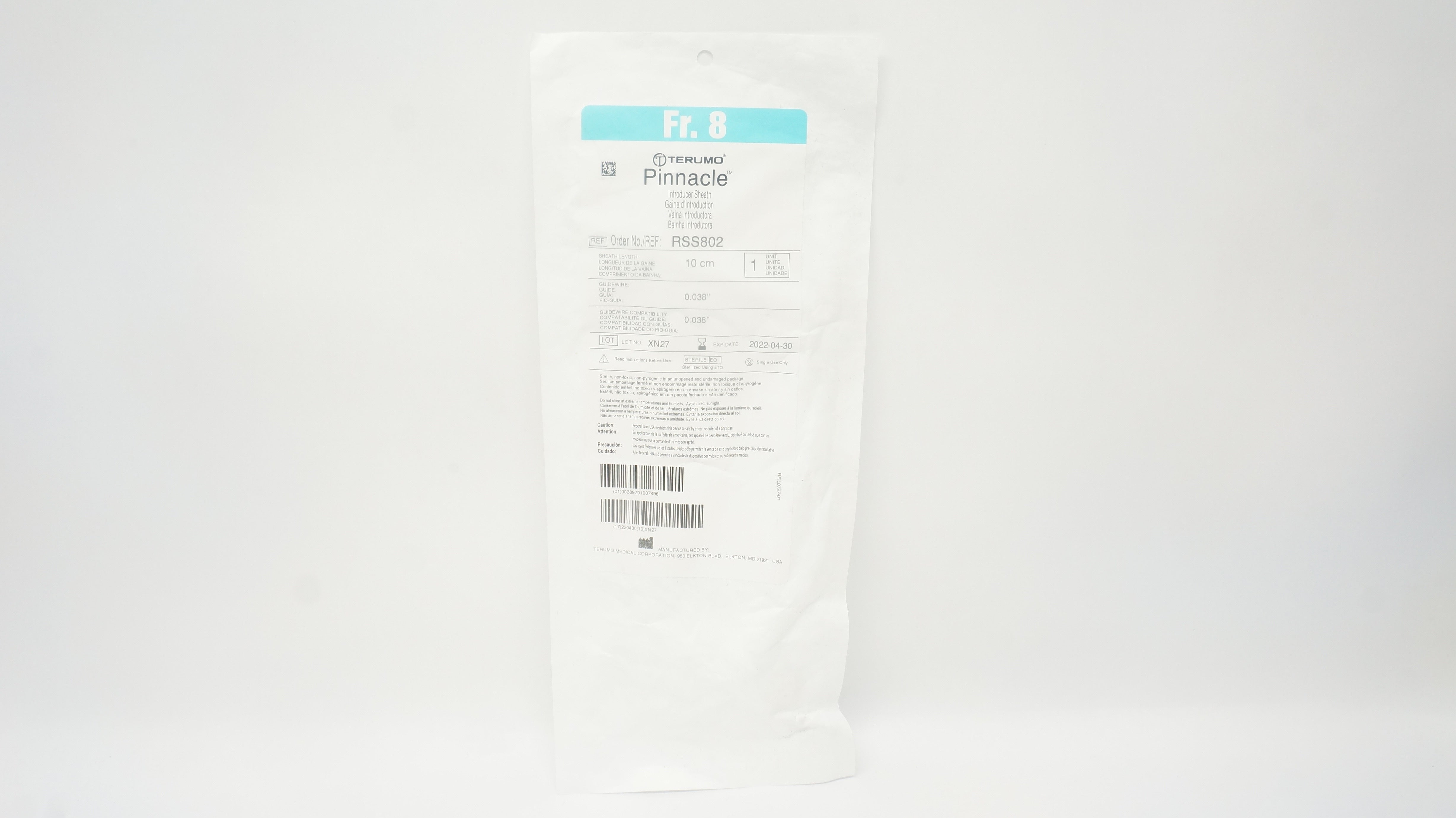 Terumo RSS802 Pinnacle Introducer Sheath 8Fr x 10cm