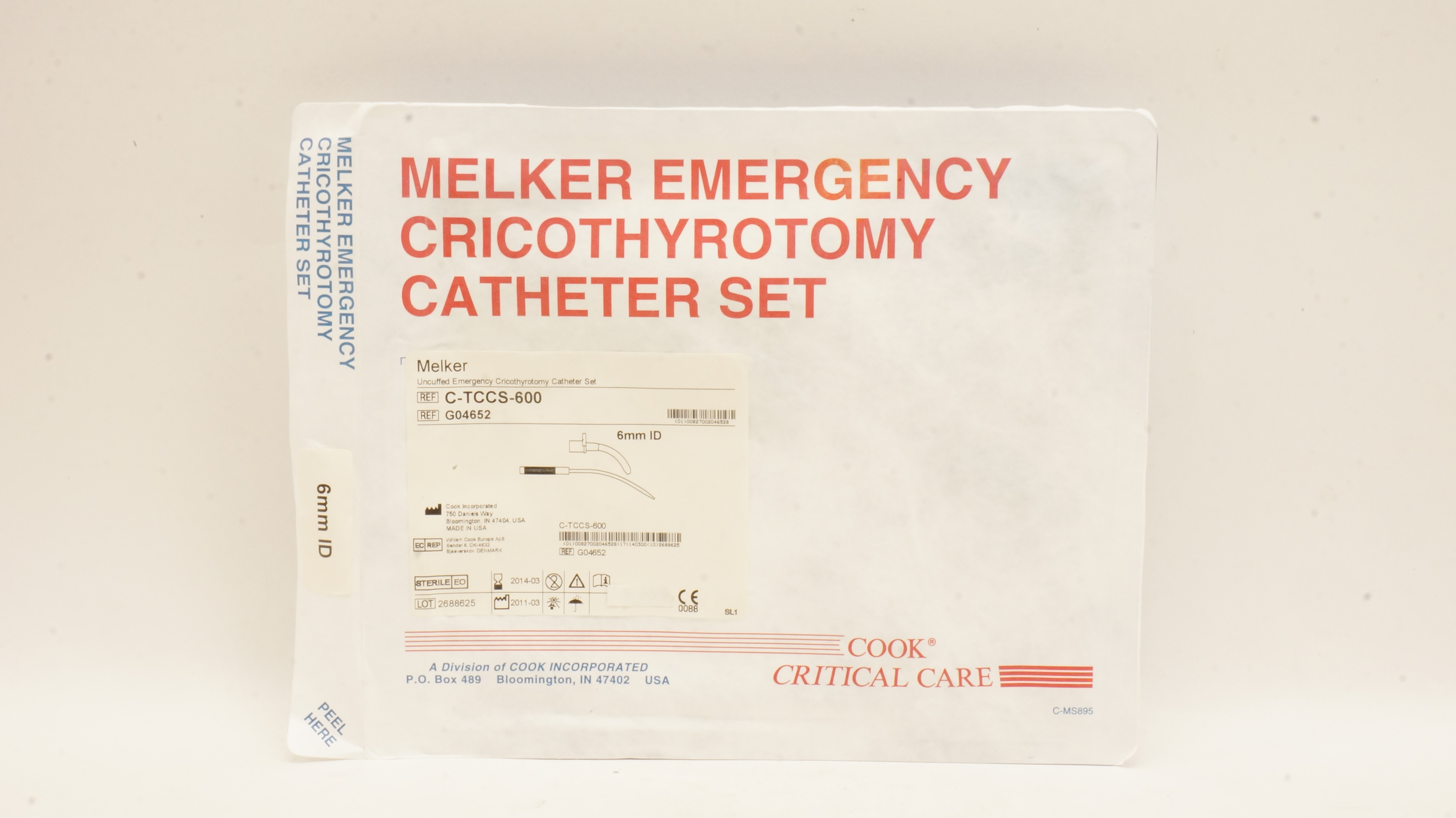 Cook Medical G04652 Melker Uncuffed Emergency Cricothyrotomy Cath. Set 6mm ID(x)