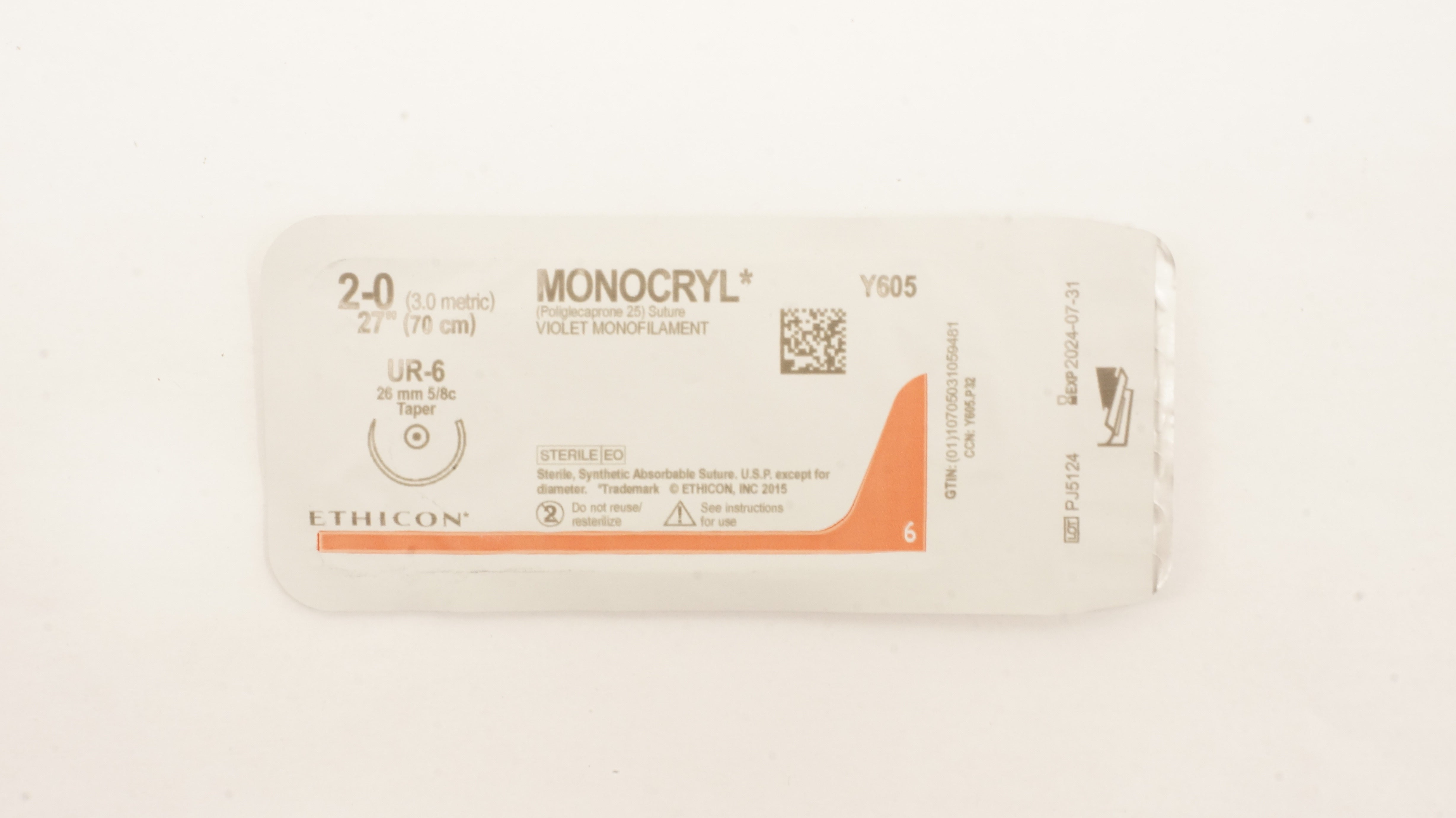 Ethicon Y605 2-0 MONOCRYL Violet Monofilament UR-6 26mm 5/8c Taper, 27inch