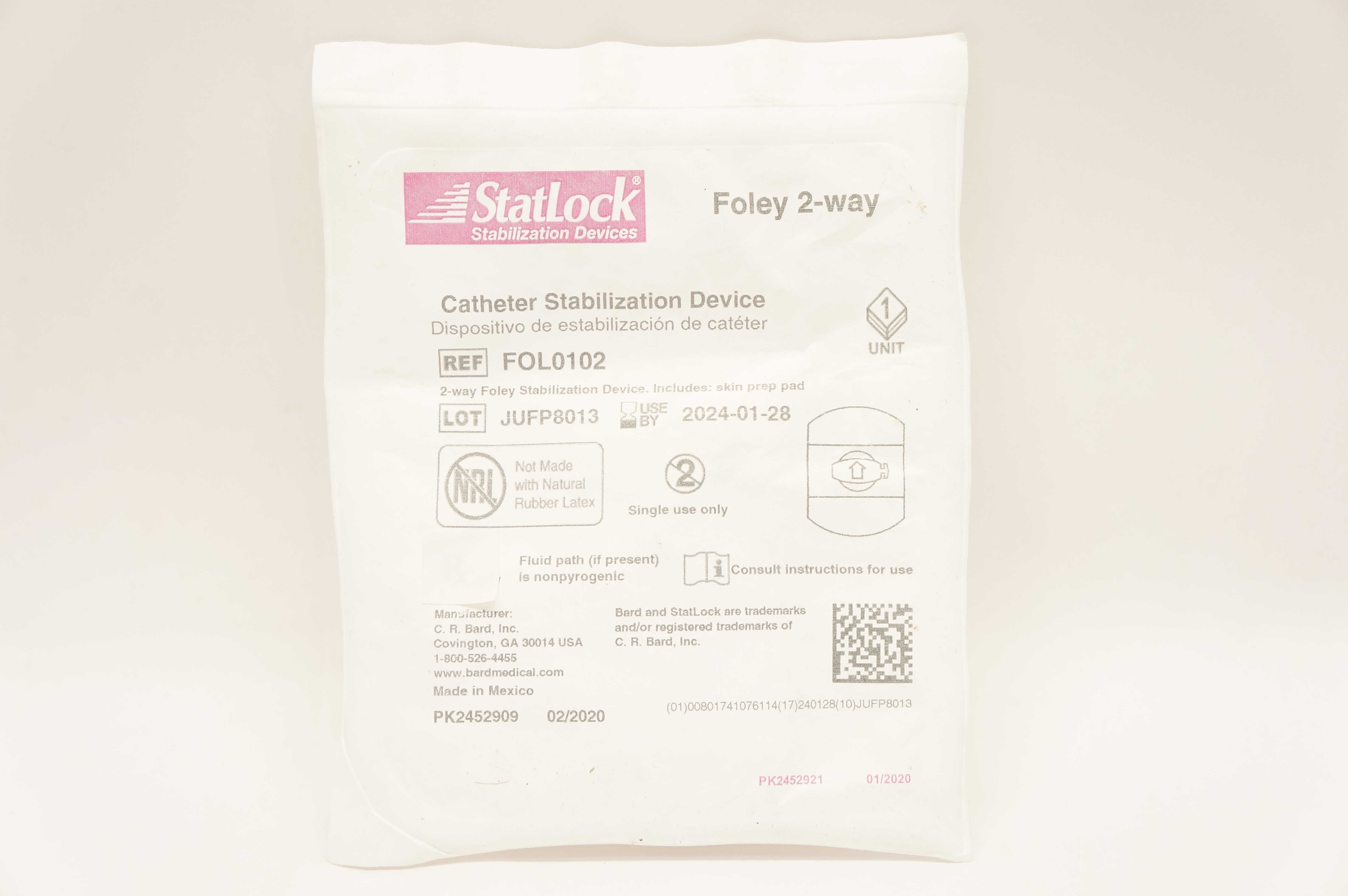 Bard FOL0102 Statlock Cath. Stabilization Device Foley 2-Way