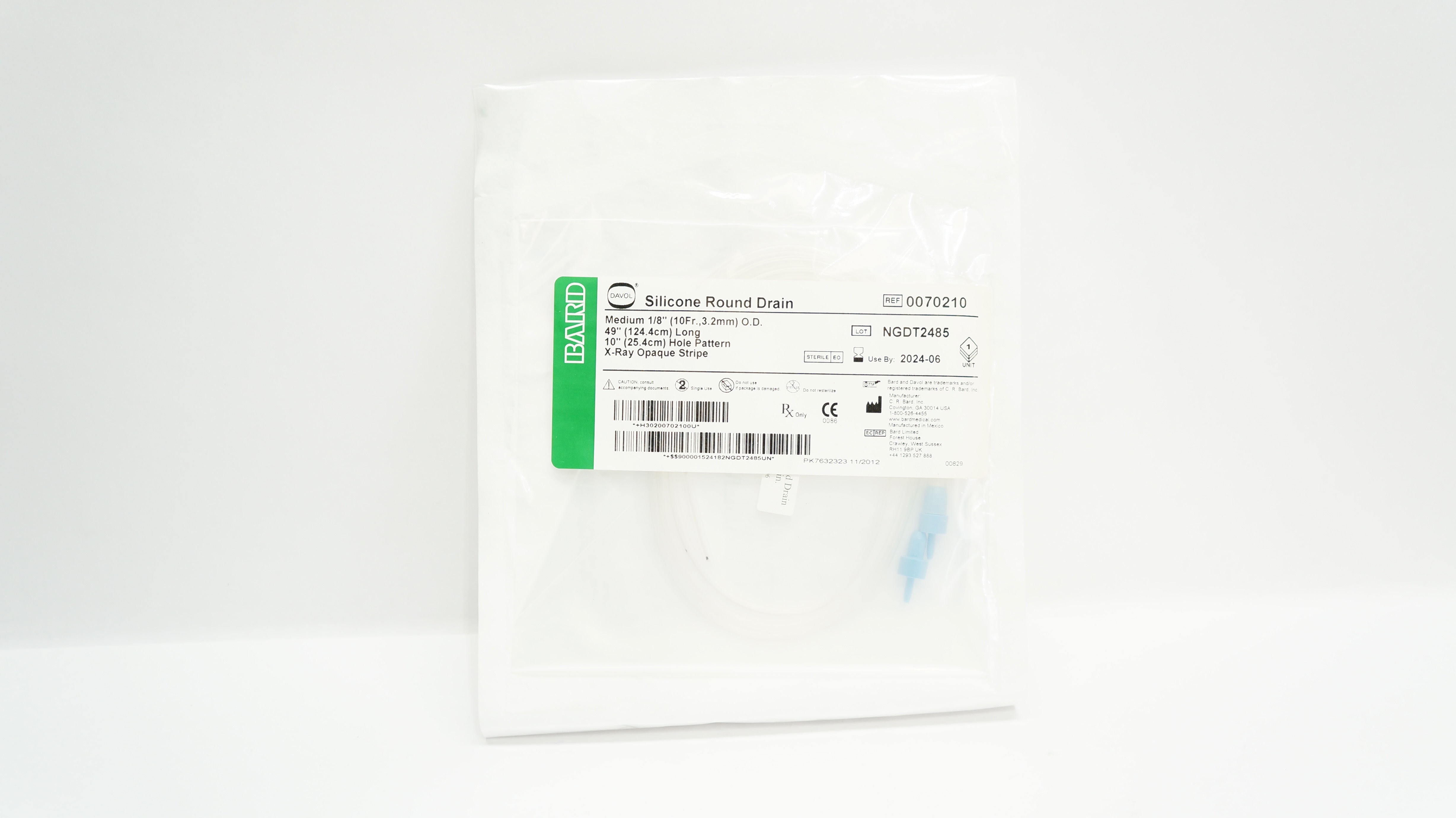 Bard 0070210 Davol Silicone Round Drain, Medium 1/8inch OD x 49inch x 10inch