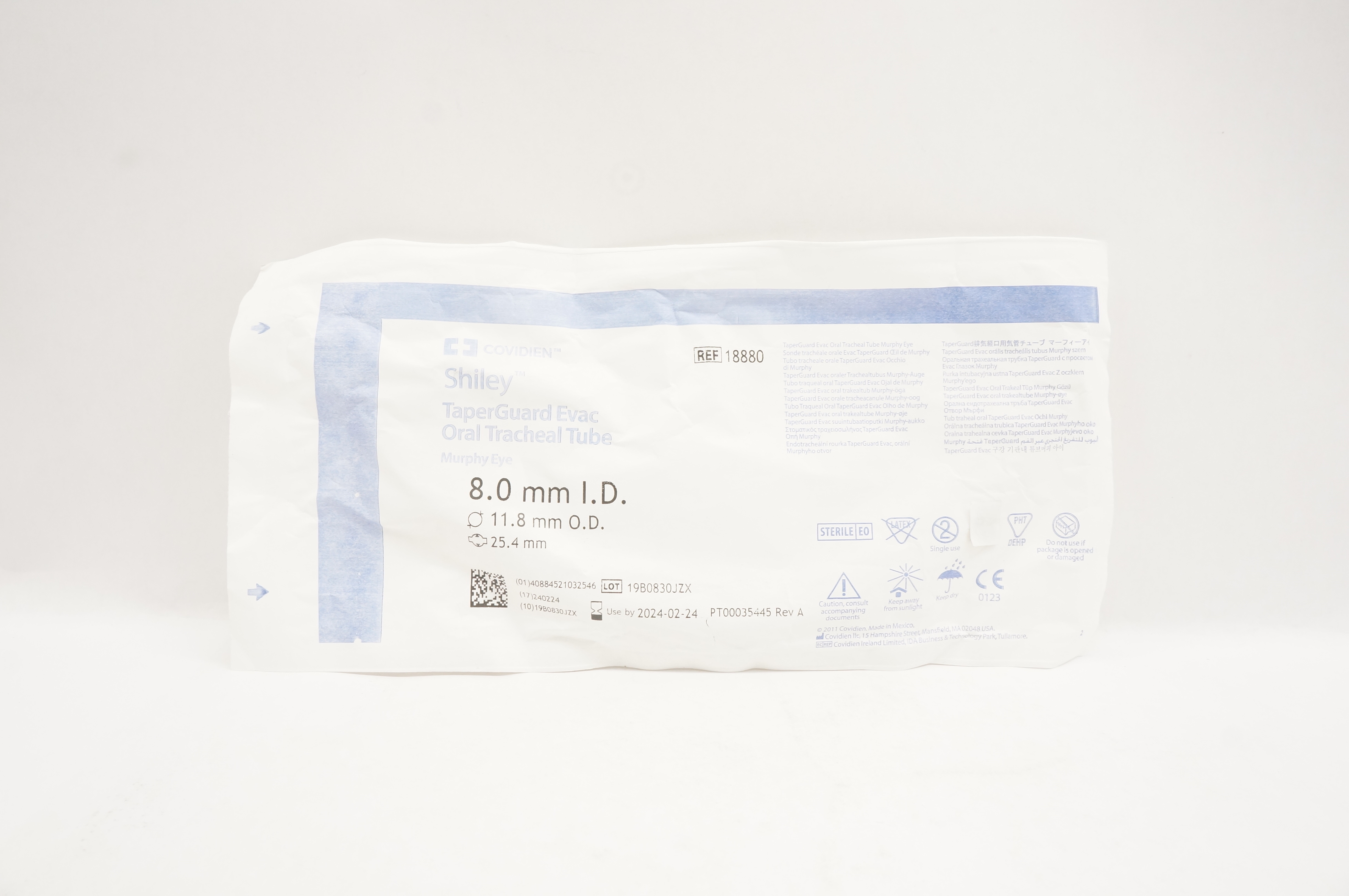 Covidien 18880 Shiley TaperGuard Evac Oral Tracheal Tube 8.0 x 11.8 x 25.4mm
