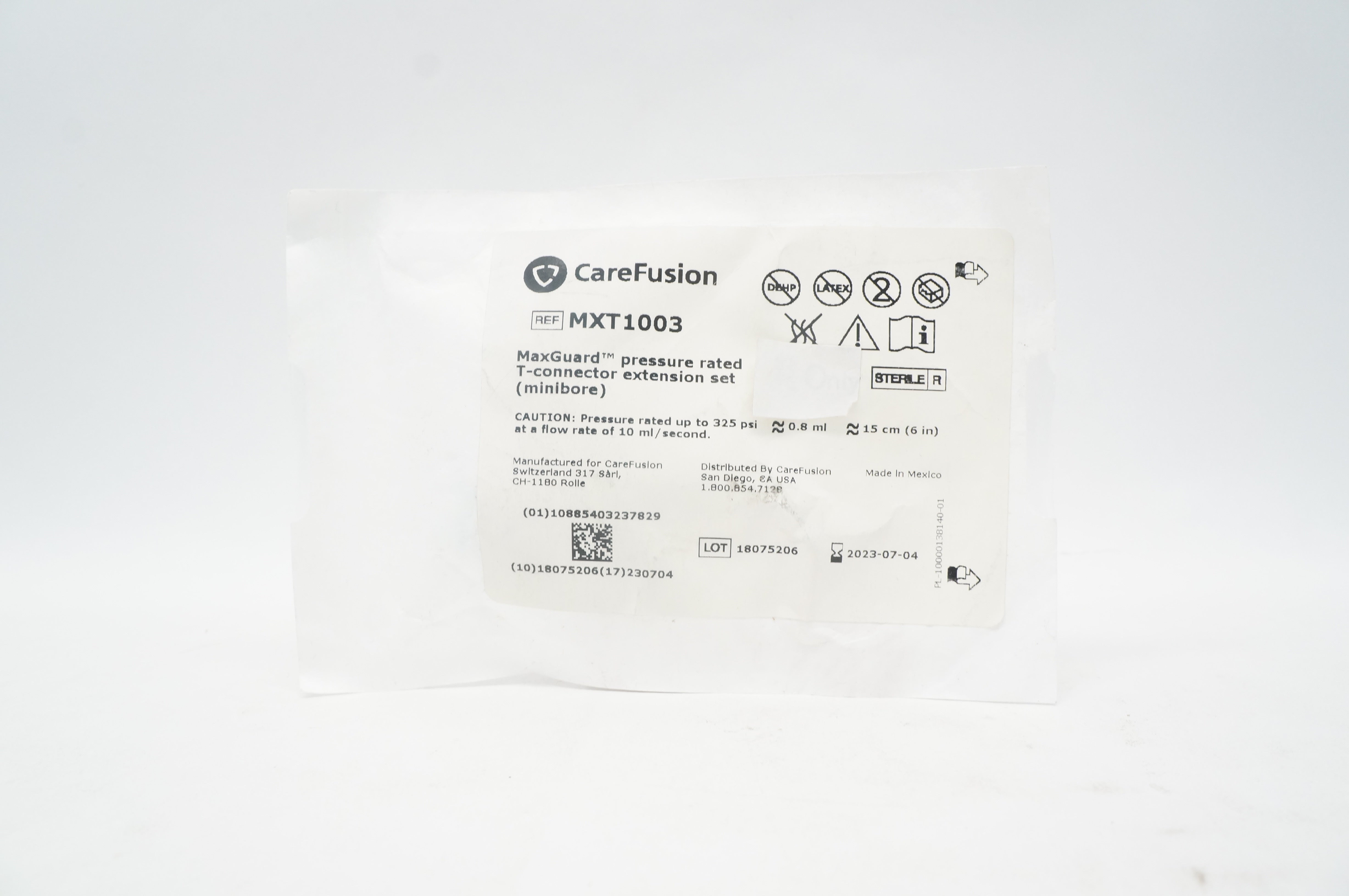 CareFusion MXT1003 MaxGuard Pressure Rated T-Connector Extension Set 0.8ml