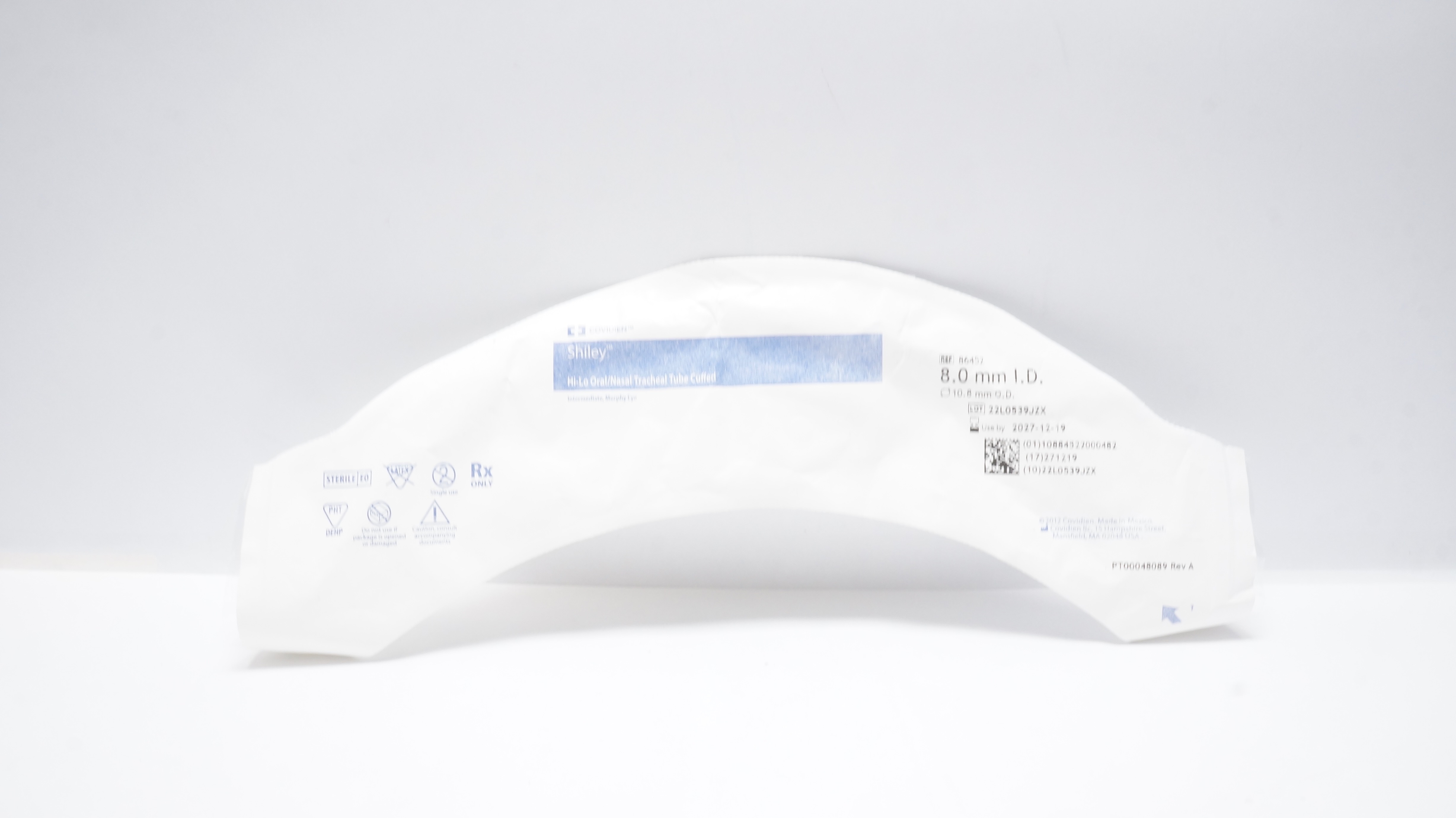 Covidien 86452 Shiley Hi-Lo Oral/Nasal Tracheal Tube Cuffed 8.0mmID x 10.8mmOD