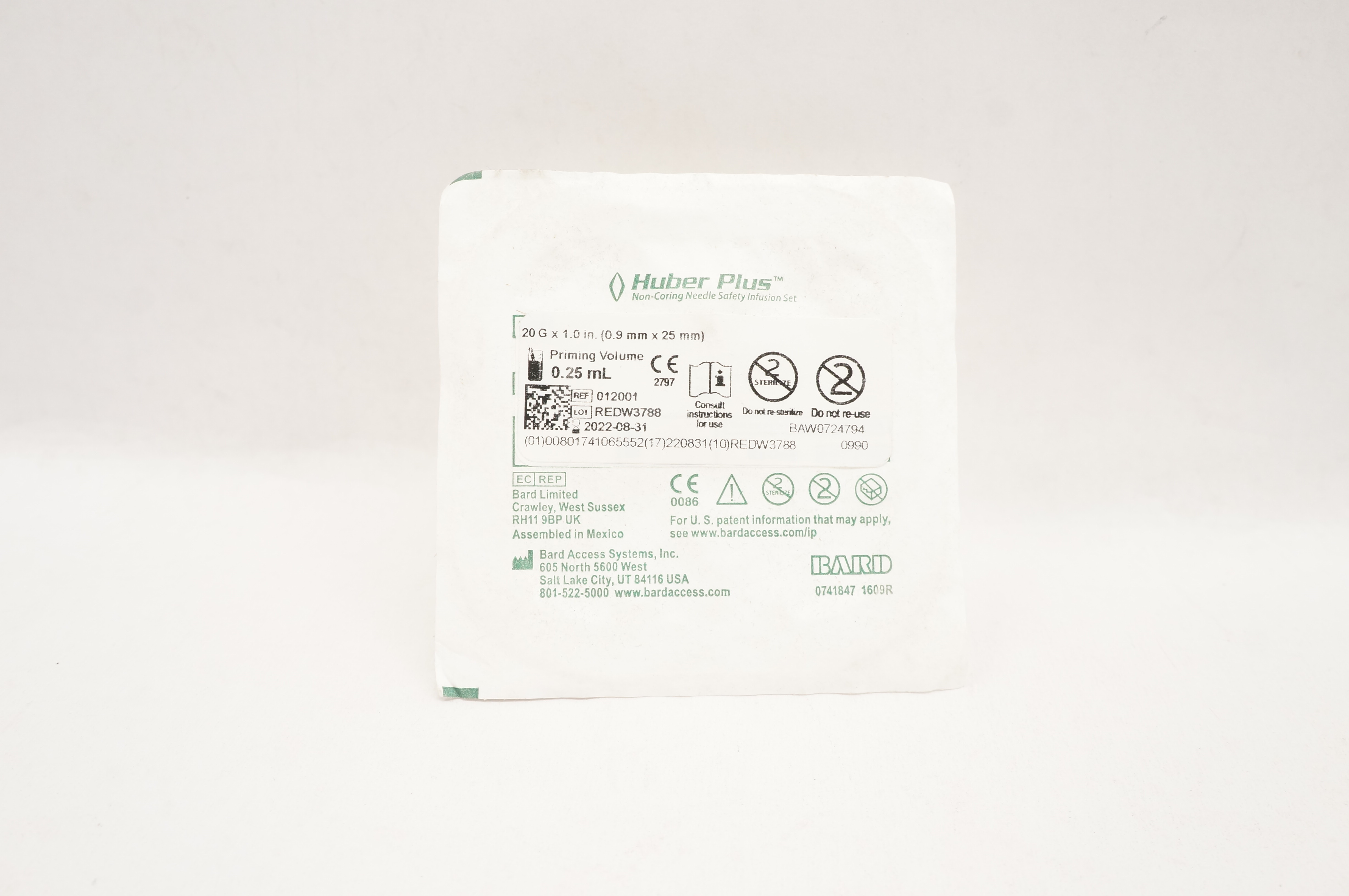 Bard 012001 Huber Plus Non-Coring Ndle Safety Infusion Set 20G x 1.0 inch