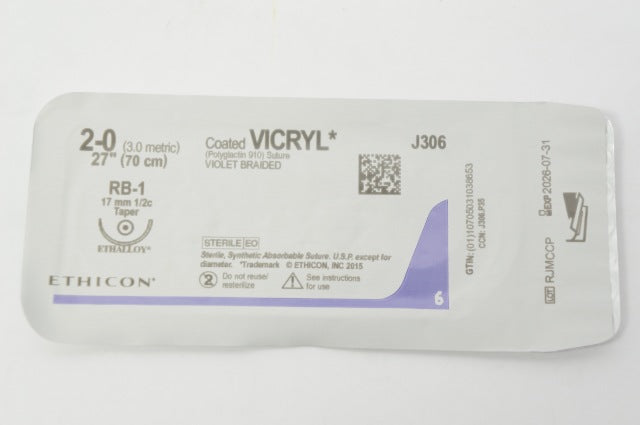 Ethicon J306 2-0 Coated VICRYL, RB-1, 17mm 1/2c Taper, 27inch