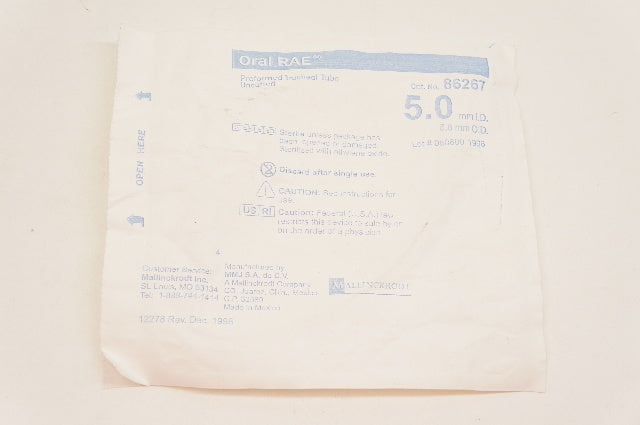Mallinckrodt 86267 Oral RAE Preformed Tracheal Tube Uncuffed 5mm ID