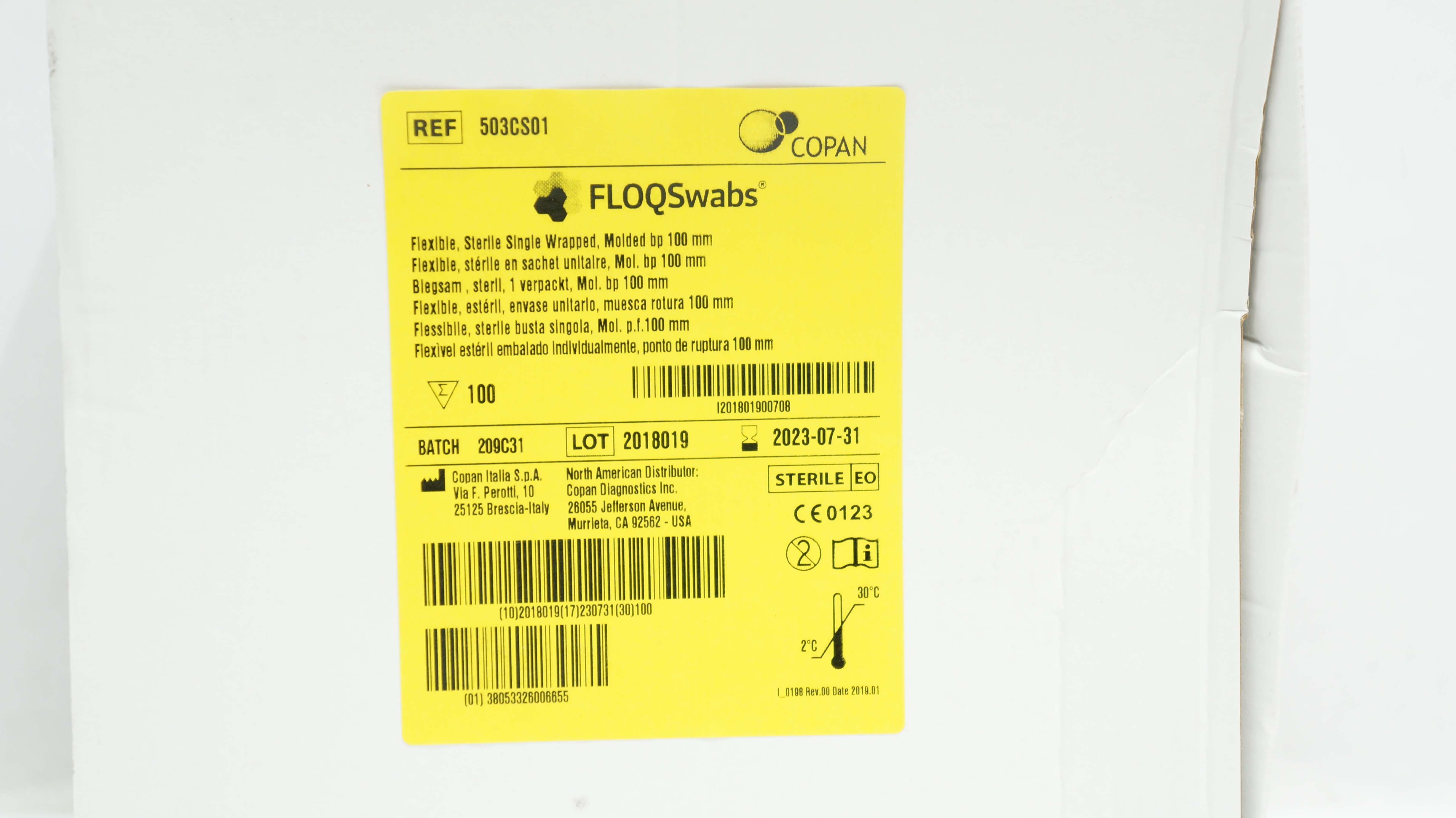 Copan 503CS01 FLOQSwabs Flexible, Single Wrapped, Molded bp 100mm - Box of 100