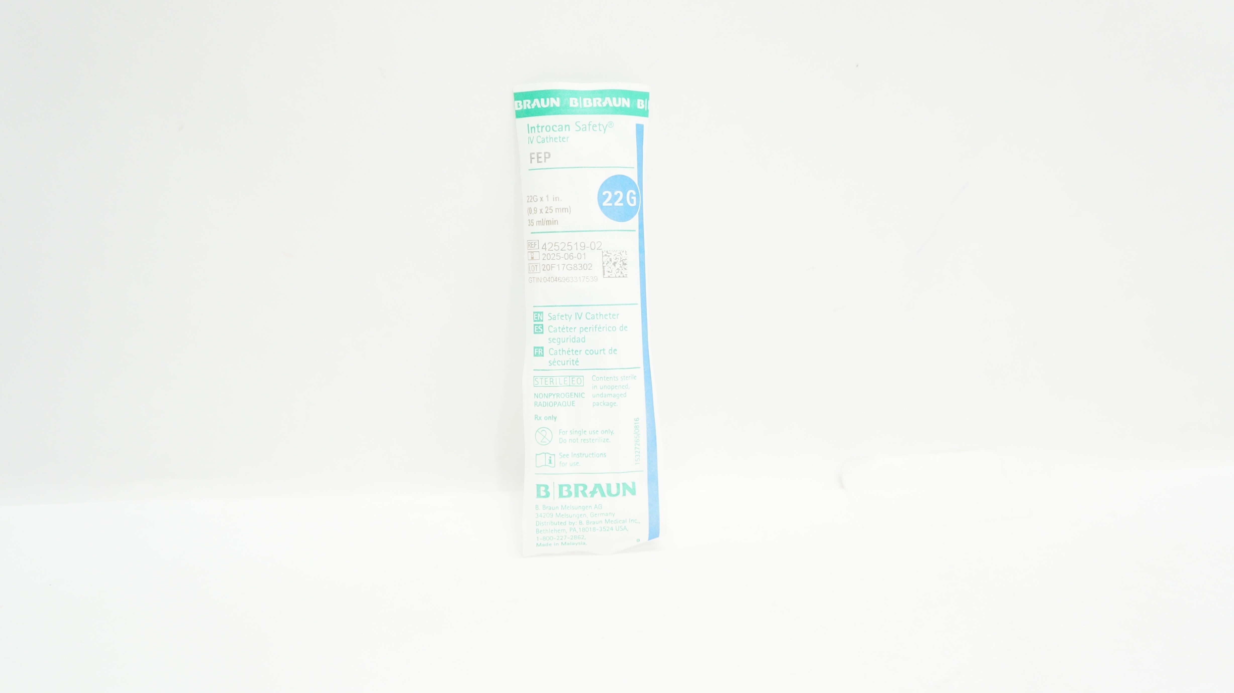 B.Braun 4252519-02 Introcan Safety IV Cath. FEP 22G x 1inch x 35mL/min