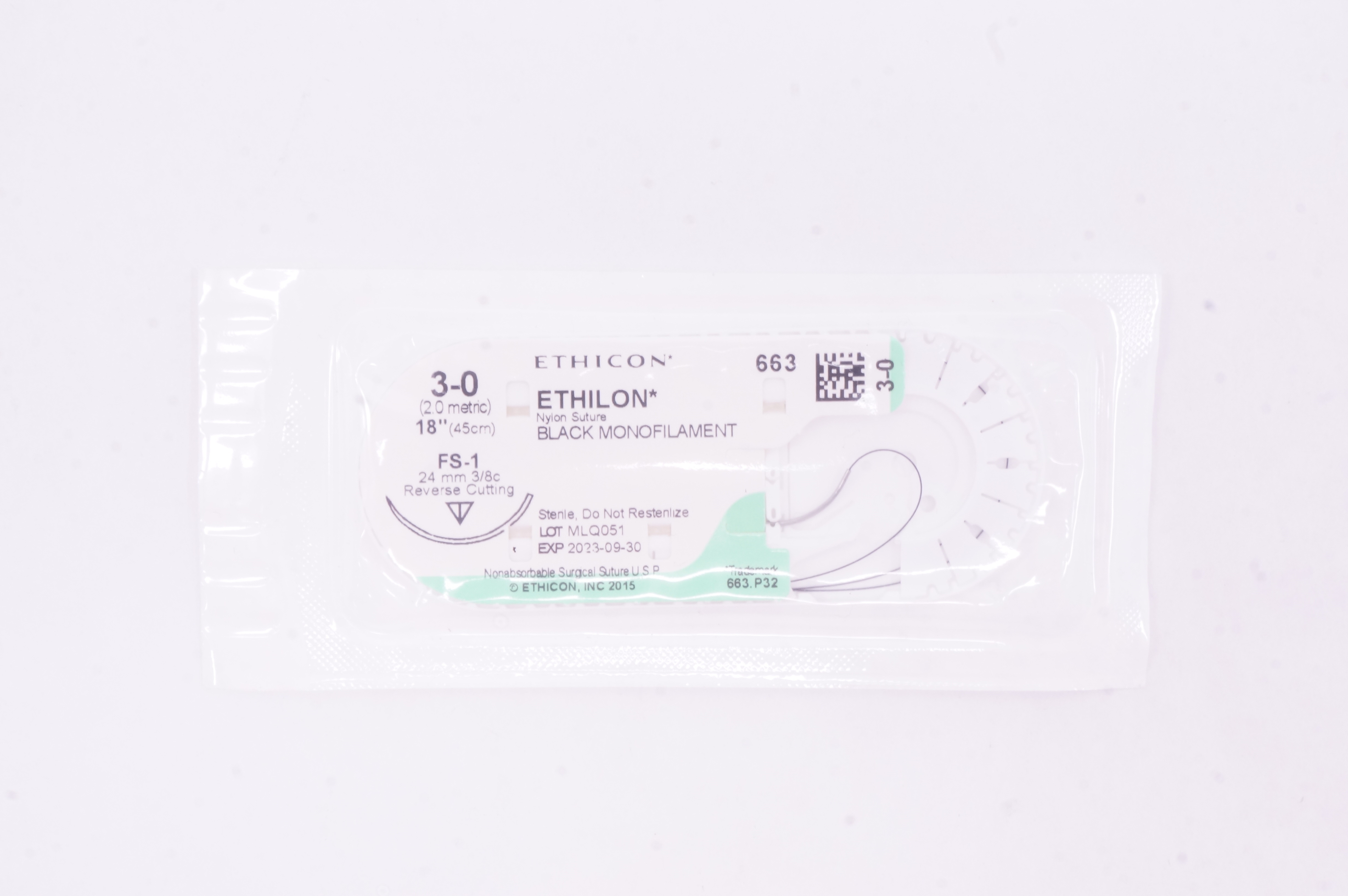 Ethicon 663 3-0 Ethilon Nylon FS-1 24mm 3/8c Reverse Cutting 18 inch (x)