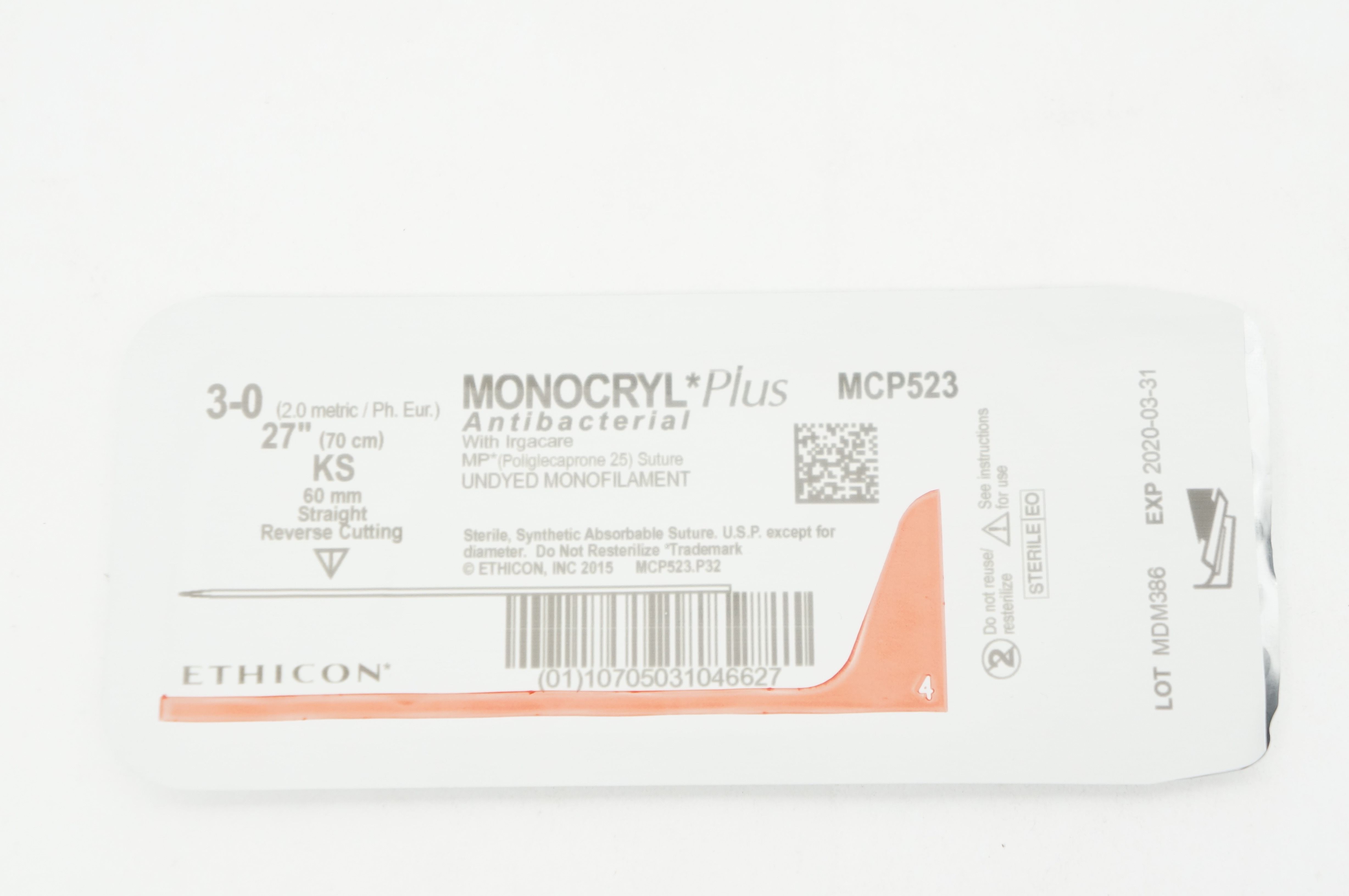 Ethicon MCP523 3-0 MONOCRYL Plus MP Stre Undyed Monofilament, KS 60mm 27in.(x)