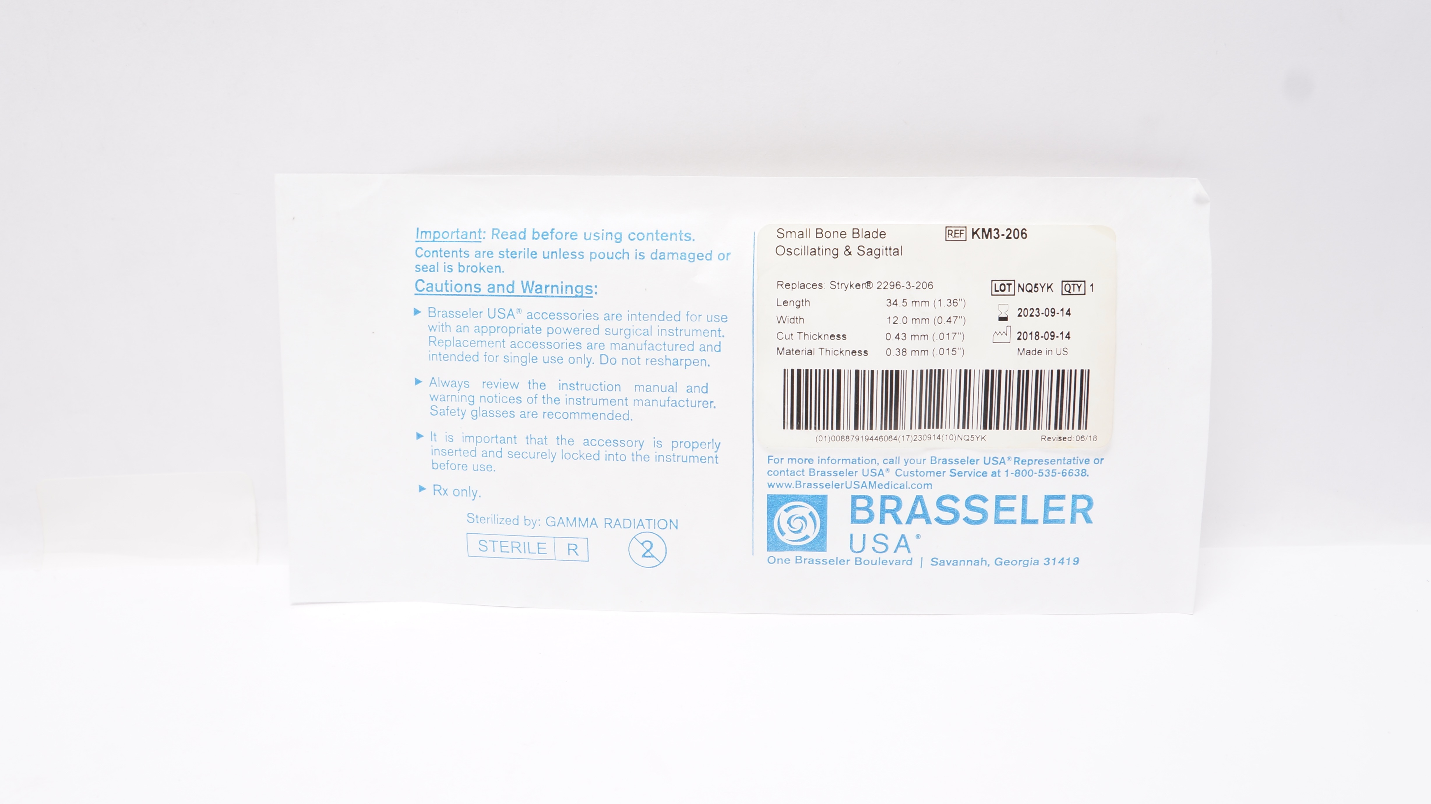 Brasseler KM3-206 Oscillating & Sagittal Small Bone Blade 1.36 x 0.47inch (x)