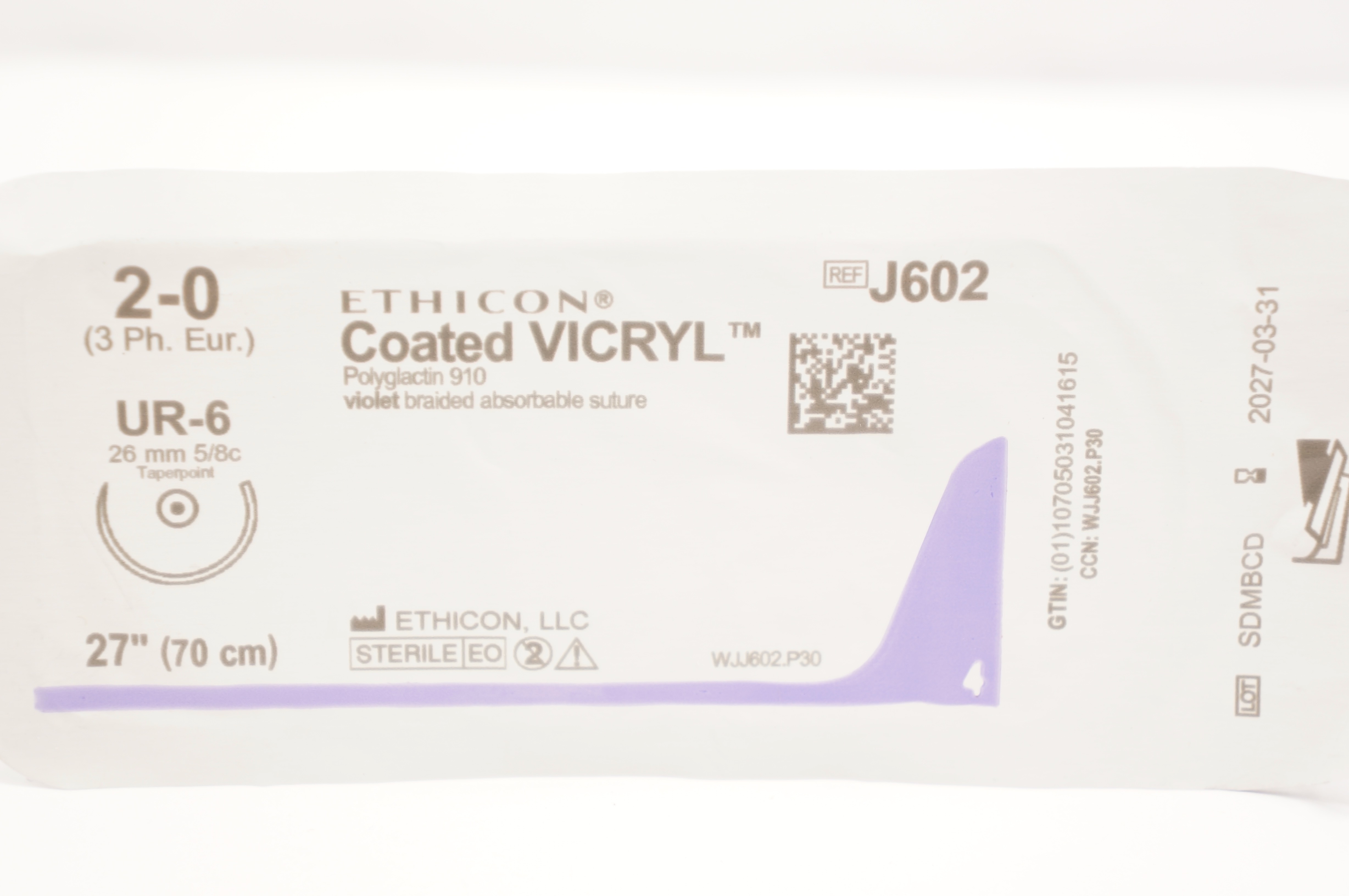 Ethicon J602 2-0 Coated VICRYL UR-6 26mm 5/8c Taper 27inch