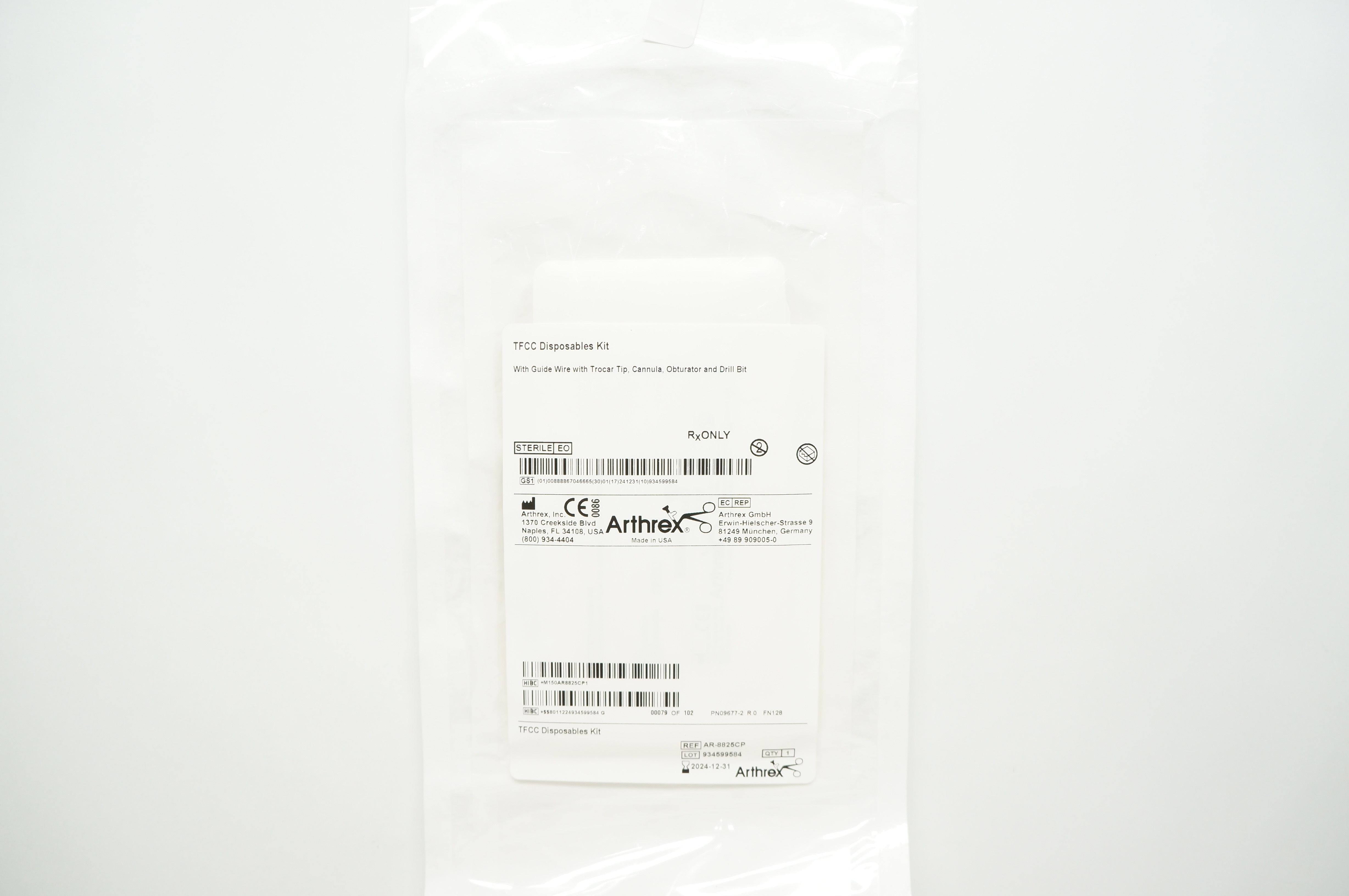 Arthrex AR-8825CP TFCC Disposable Kit w/Guide Wire Cannula Obturator & Drill Bit
