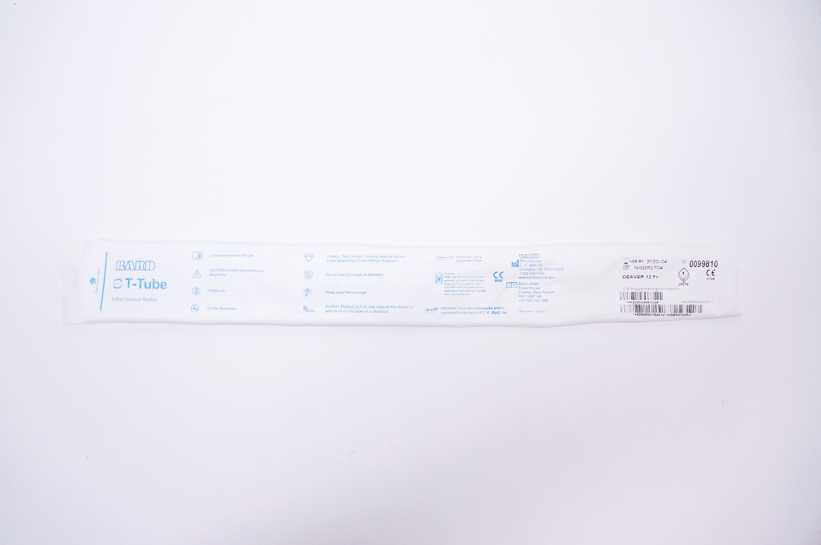 Bard 0099810 T-Tube X-Ray Opaque Rubber Deaver 12Fr.