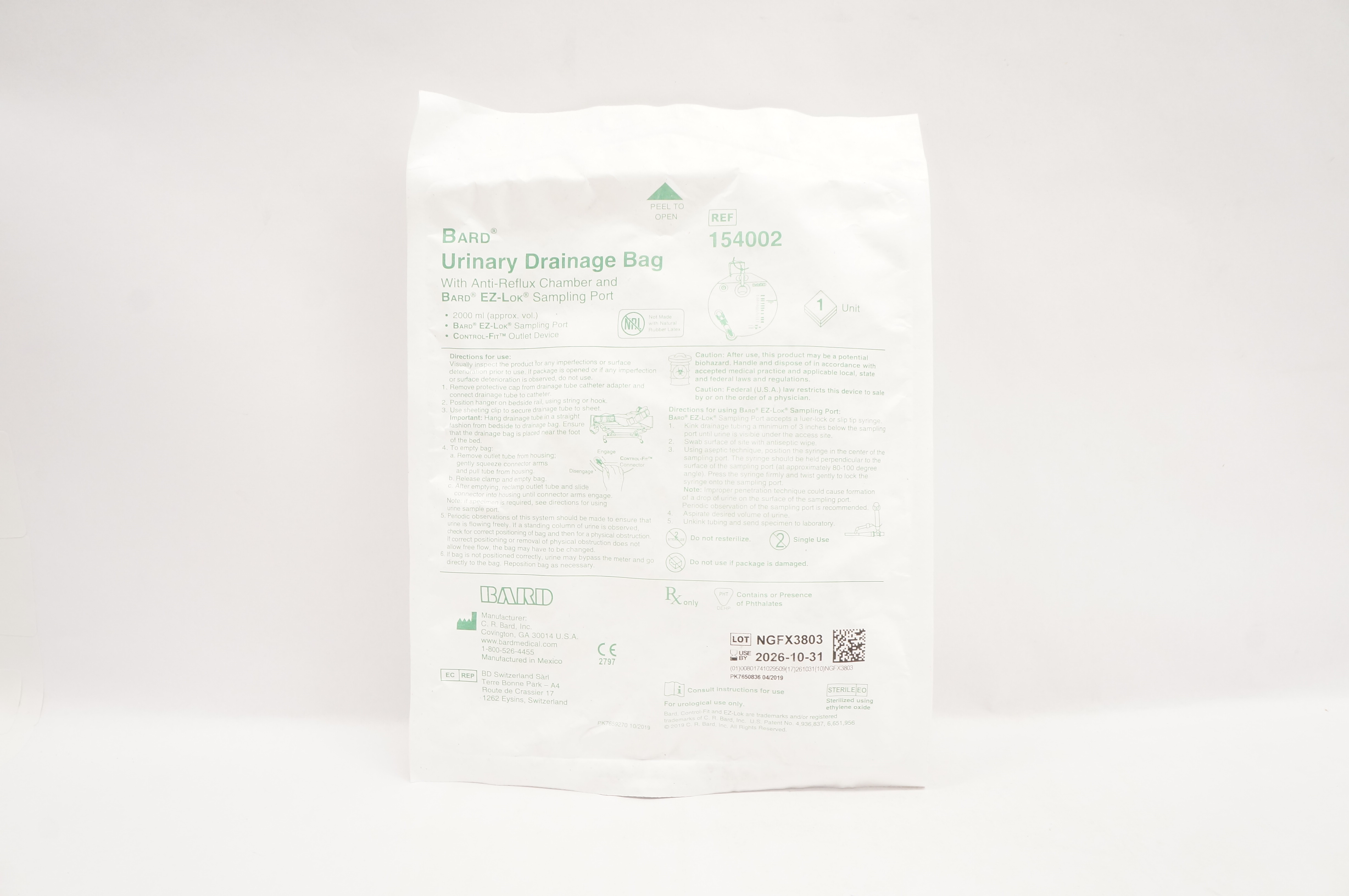 Bard 154002 Urinary Drainage Bag with Anti-Reflux Chamber & Sampling Port 2000ml